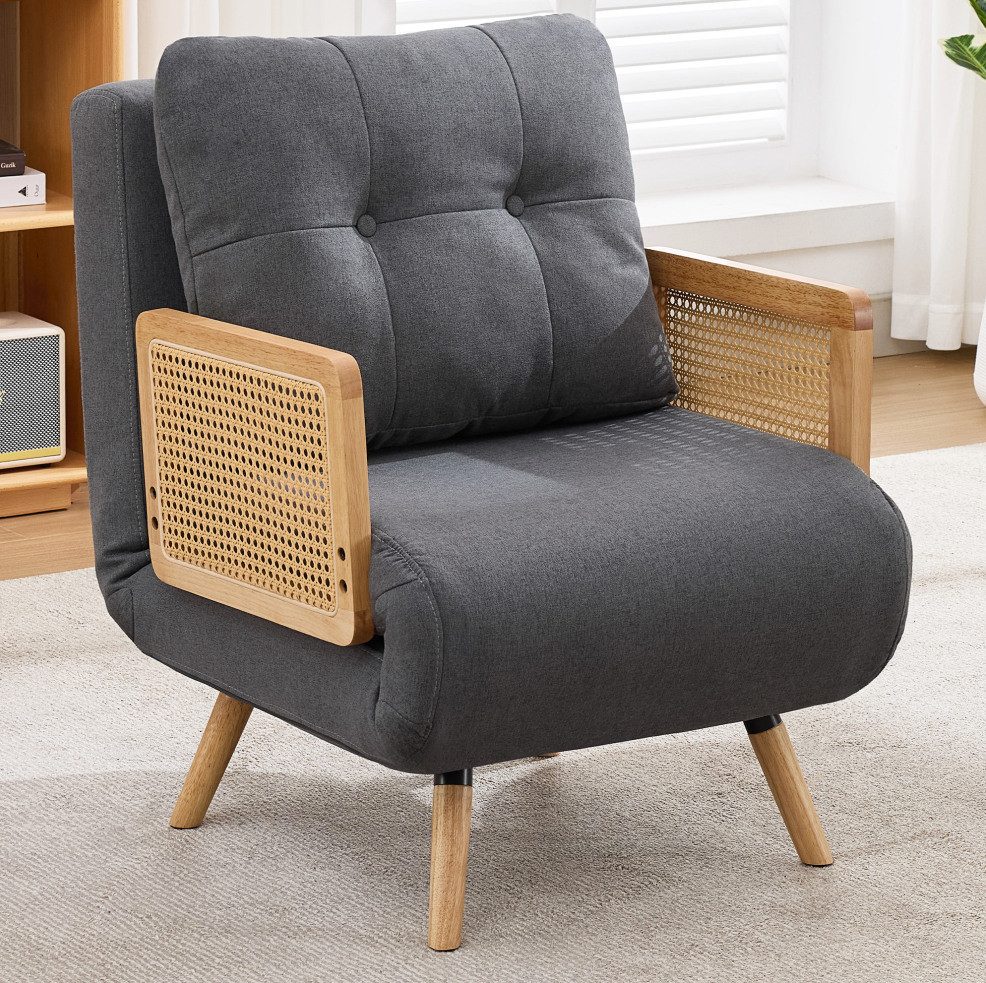 OKWISH Schlafsofa 3-in-1 Schlafsessel mit 5-fach verstellbarer Lehne, Grau, ausklappbar als Gästebett, 67,5x73x86,5cm 1 Teile, Leinenstoff, Rattan-Armlehnen & Massivholzbeine