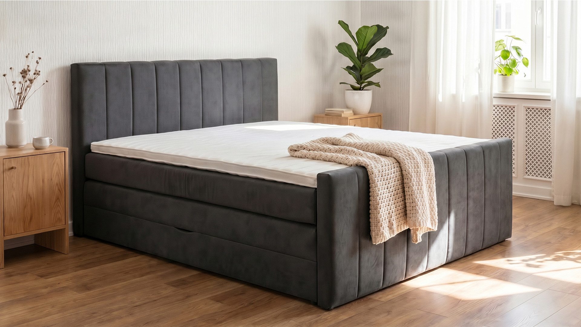 PAARA Boxspringbett mit Bettkasten und Matratze mit integrierten Topper - Modell Cali K, mit innovativem Belüftungssystem