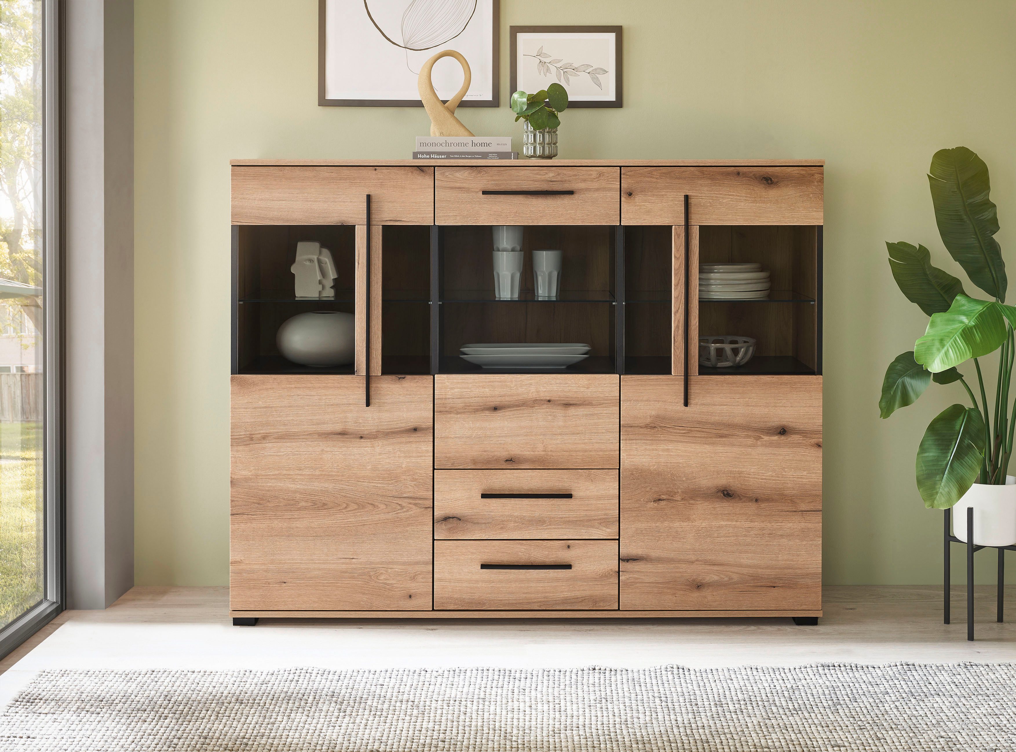 Home affaire Highboard Cantara, moderner Schrank, Vitrine in Eiche Dekor oder weiß, schwarze Stangengriffe, ausreichend Stauraum, vielseitig einsetzbar