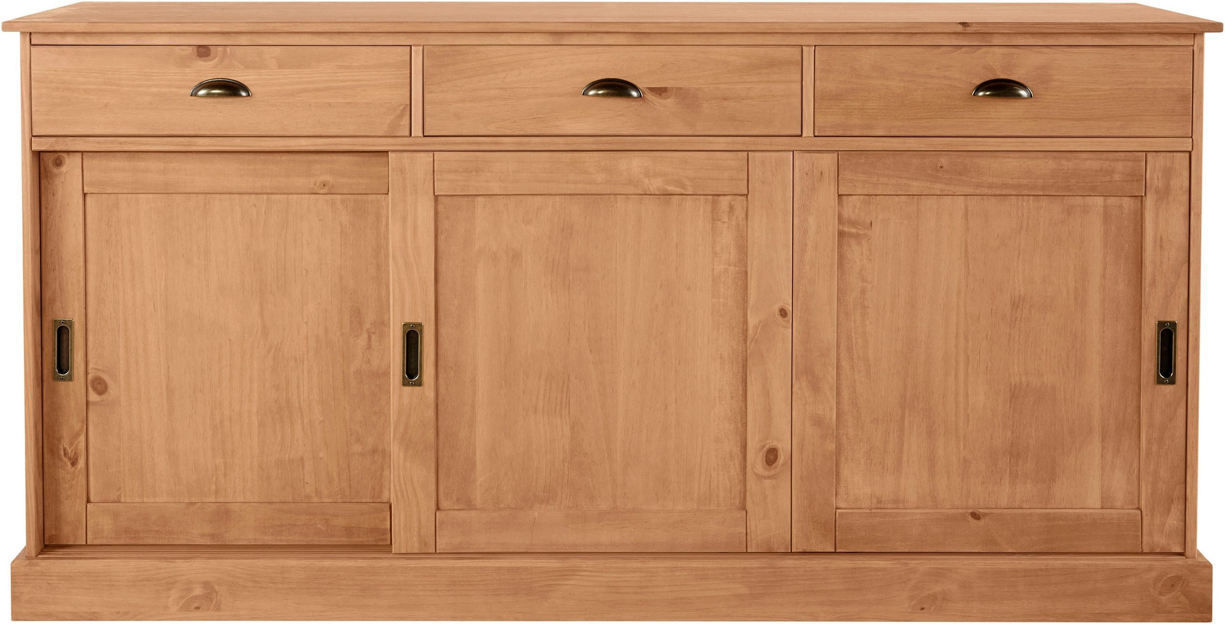 loft24 Sideboard Meghan - Anrichte Schrank Küchenschrank Credenza Mehrzweckschrank, 3 Schubladen, 3 Schiebetüren, Kiefer, Landhausstil