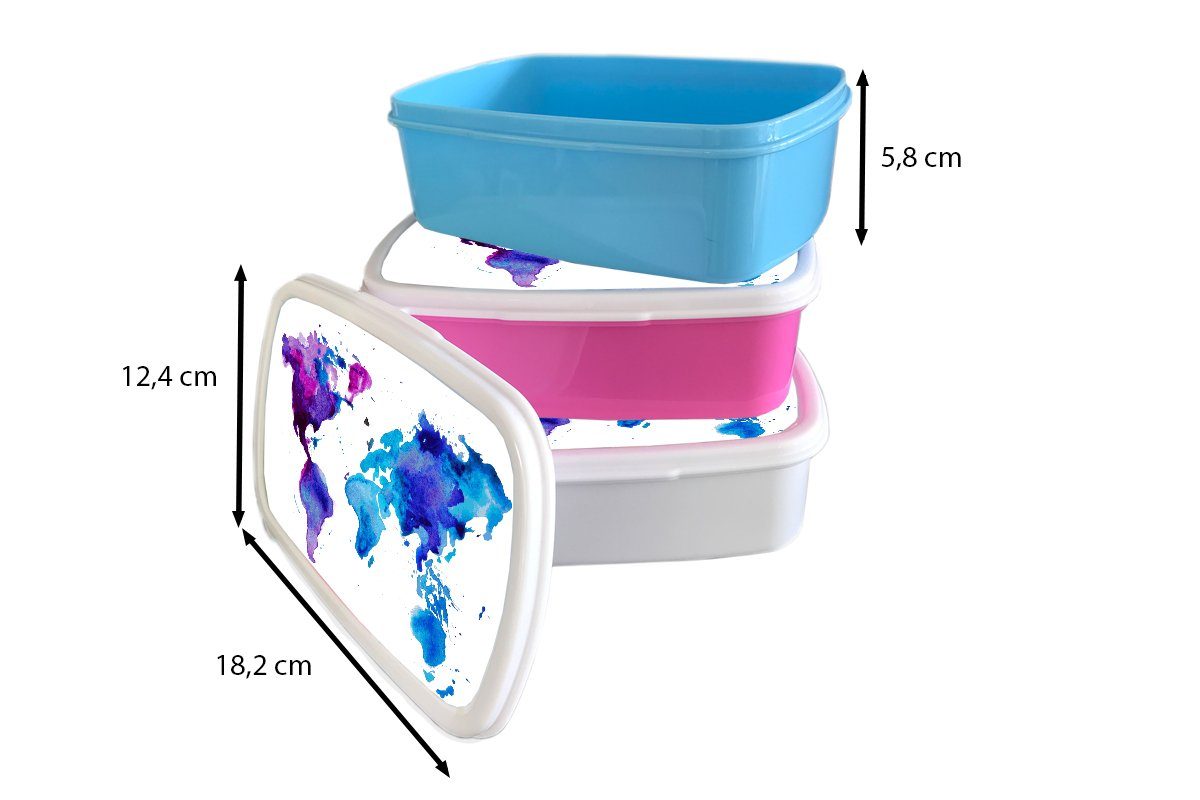 Lila Brotbox für weiß Kinder Lunchbox Kunststoff, MuchoWow für - Jungs - (2-tlg), Jungen Aquarell und - Kinder Mädchen, und - Mädchen Erwachsene, - Weltkarte Brotdose,
