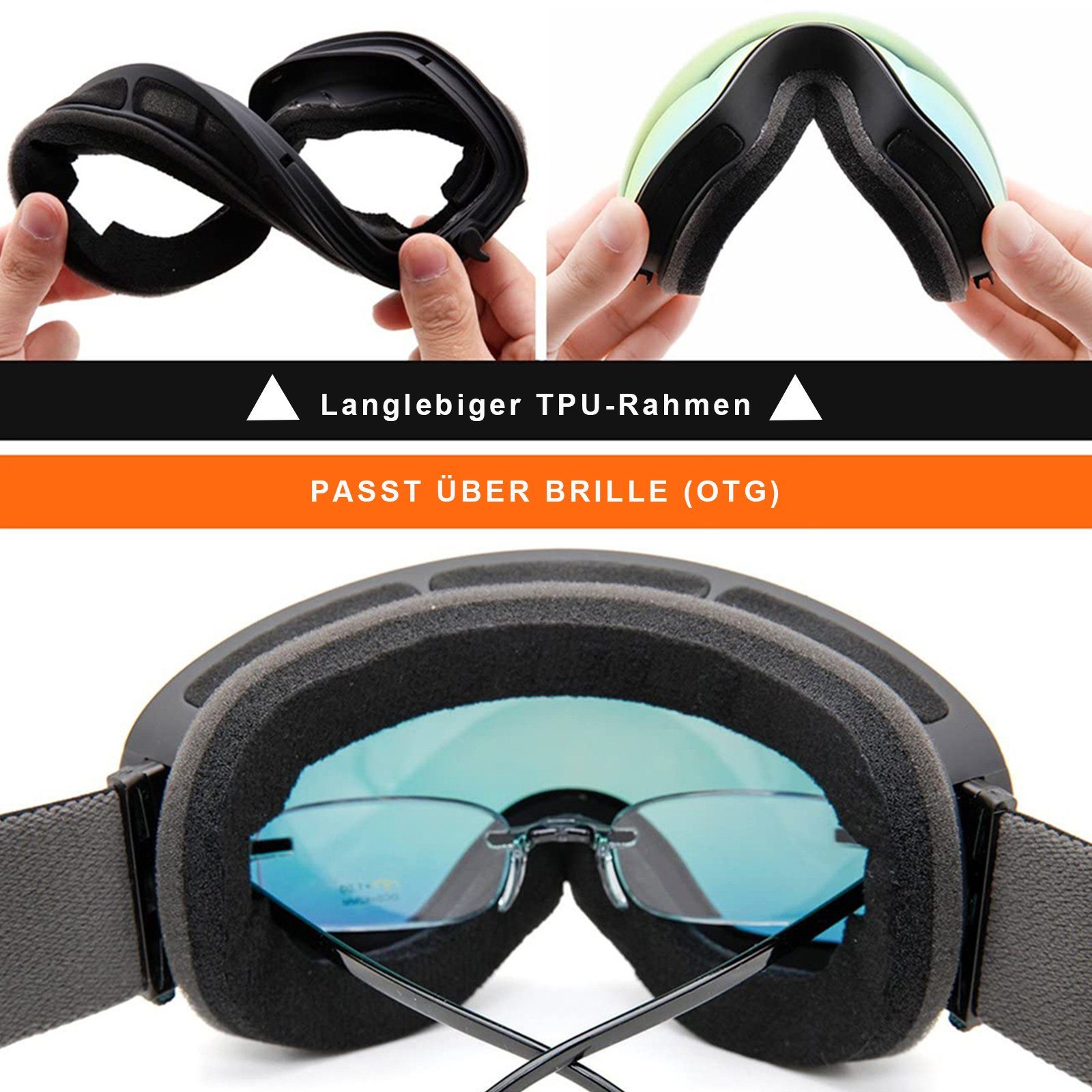 Rosnek Snowboardbrille Doppellagige Linse, magnetisch, Frauen Skifahren, Männer Blau Anti-Beschlag, UV400, für