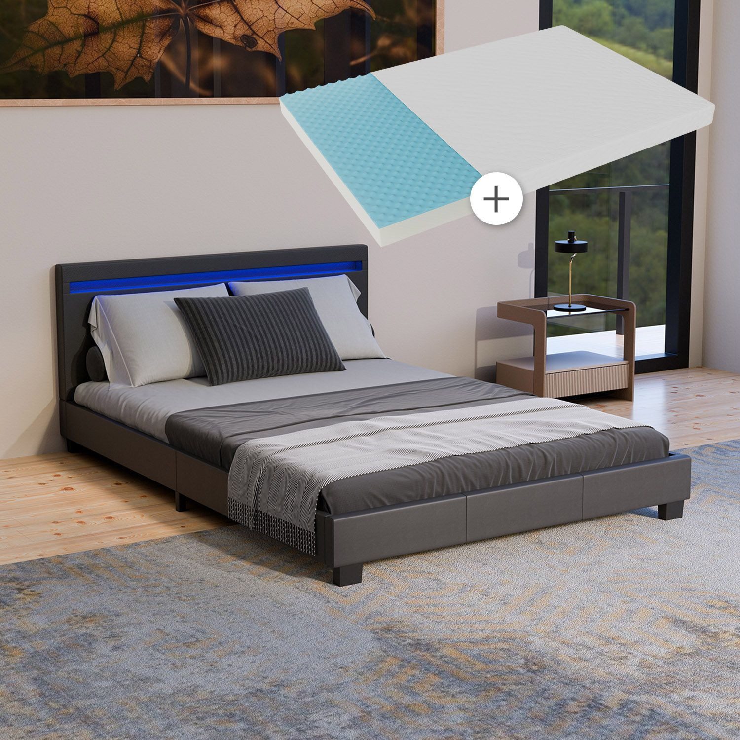 Juskys Polsterbett Paris, 140x200 cm, RGB-LED, Kunstleder, weiches Kopfteil, inkl. Matratze