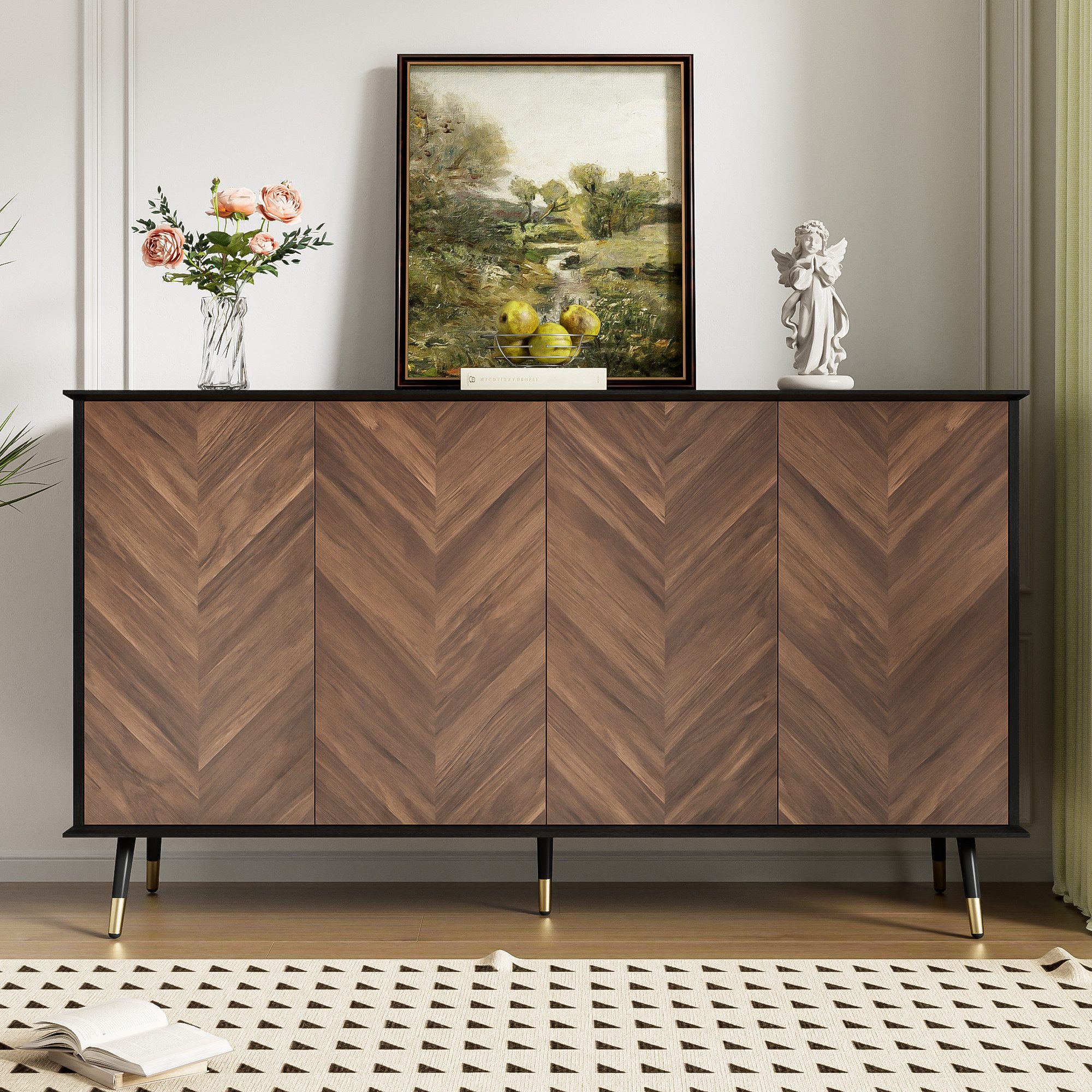 Merax Sideboard Fischgrätmuster Wohnzimmerschrank Buffet Schrank (140 x 40 x 80 cm, 1 St), Kommode mit 4 Türen, Stauraum, Metallbeine & Verstellbaren Regalen – Bild 3 von 5