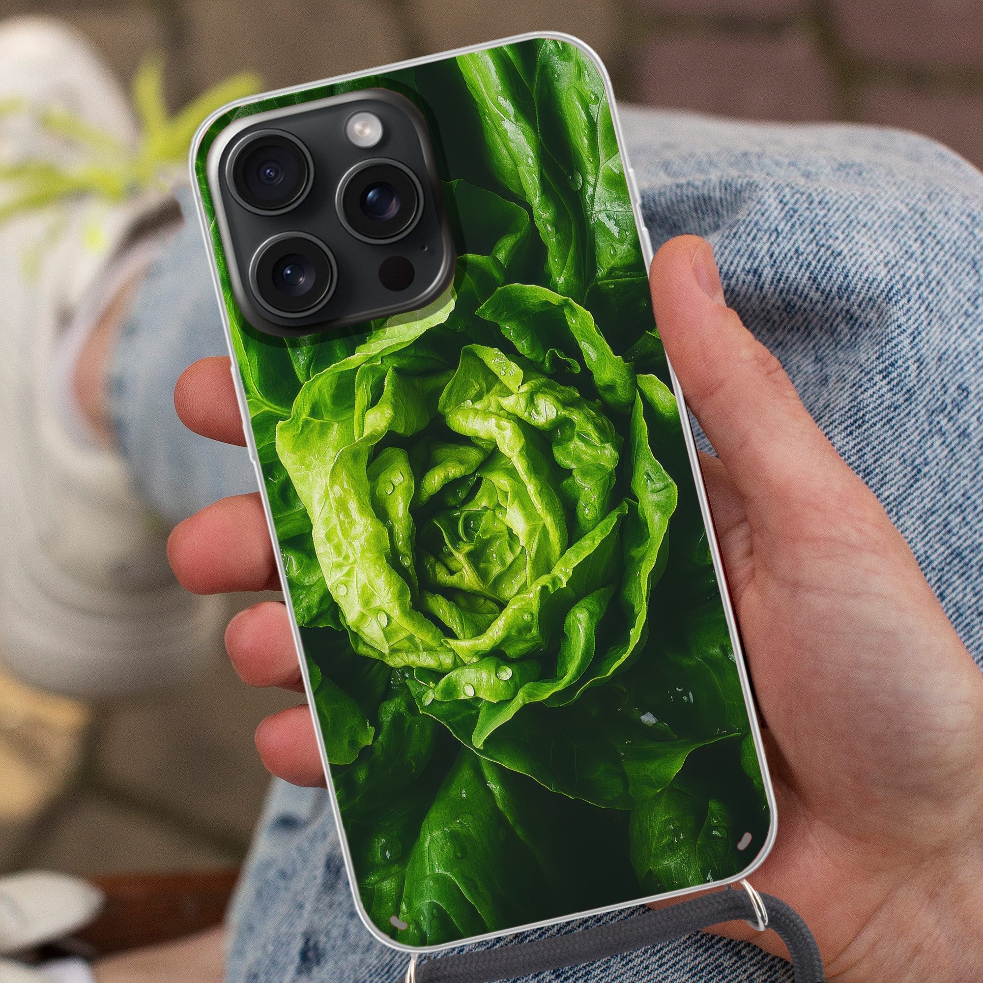 MuchoWow Handyhülle für Apple iPhone 15 Pro Gemüse - Kopfsalat - Grün, Tragbare Handyhüllen mit Kette zum umhängen, Handykette Handyband