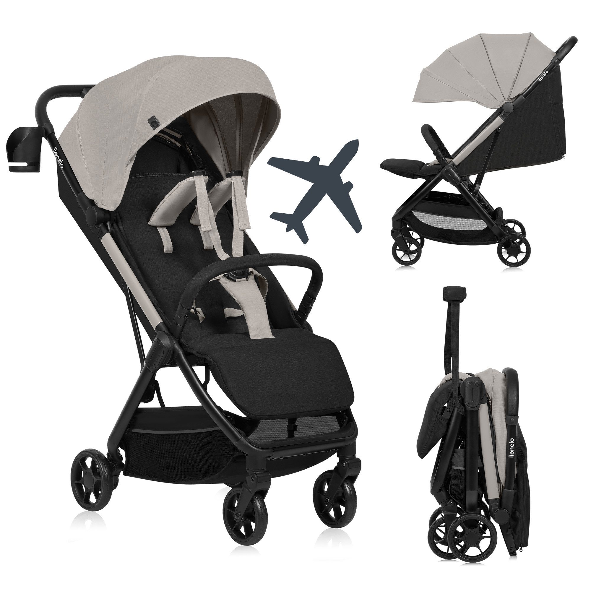 lionelo Kinder-Buggy JULIE AIR, (Set mit Becherhalter und Tragegurt für den Transport auf der Schulter), Auto-folding/Ultraleicht/UPF50+/Liegeposition/360°Rader