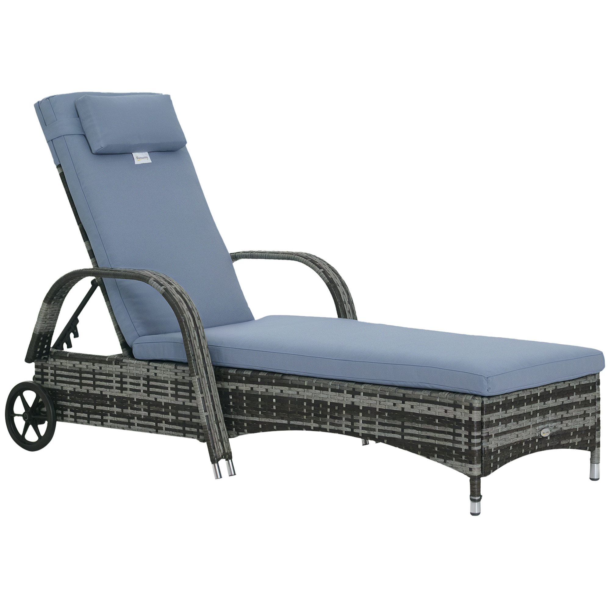 Outsunny Gartenliege mit 5-Fach verstellbarer Rücklehne, Polsterauflage, Rollen, Kissen, Liege, 1 St., Sonnenliege, 160 kg belastbar, für Garten, 200x73x30-103cm, Grau
