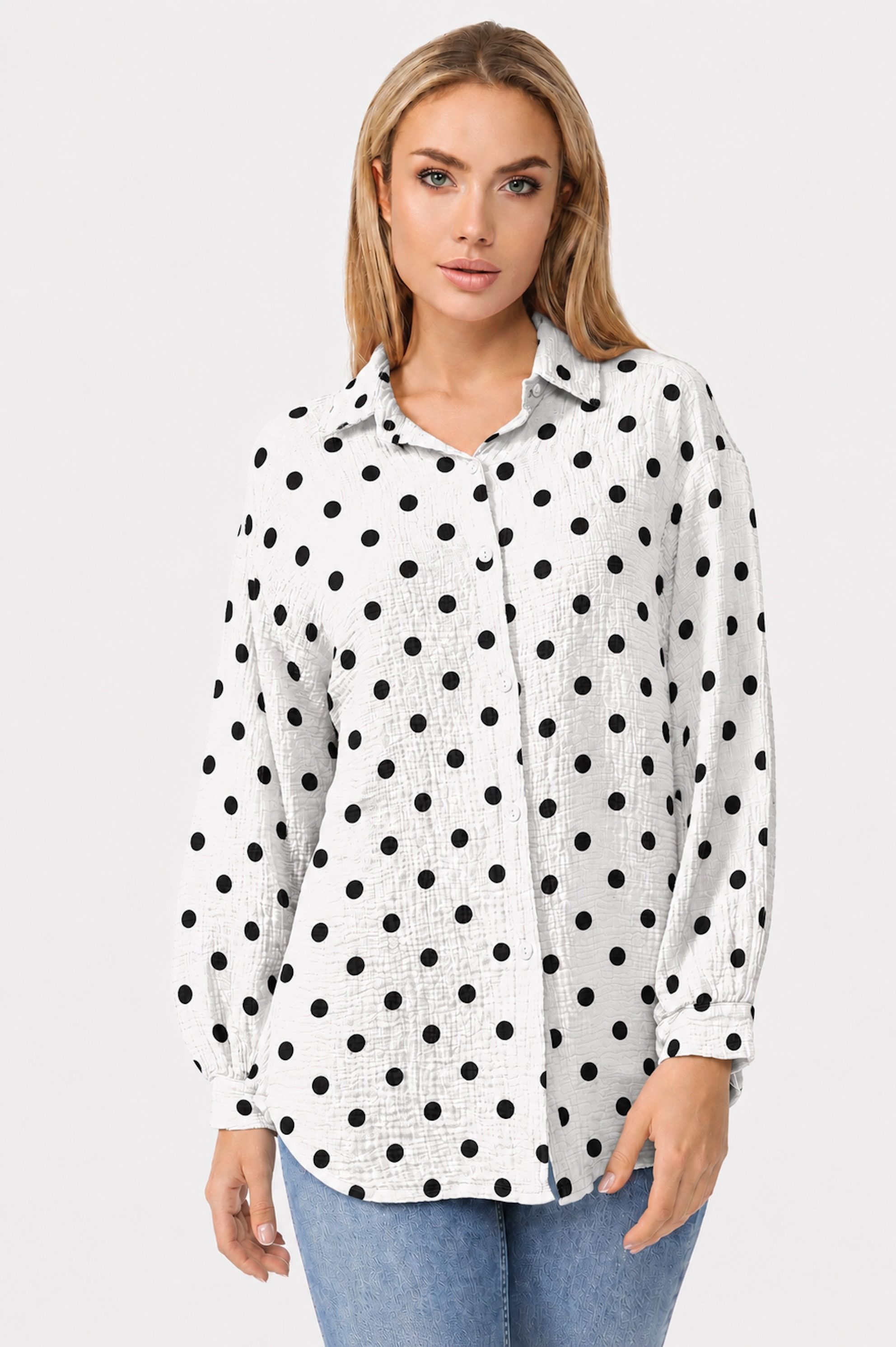 Worldclassca Hemdbluse Worldclassca Musselin Bluse Sommer Polka Dots Langarm Oberteil Punkte Neue Kollektion - Stilvolle und gemütliche Mode für Damen
