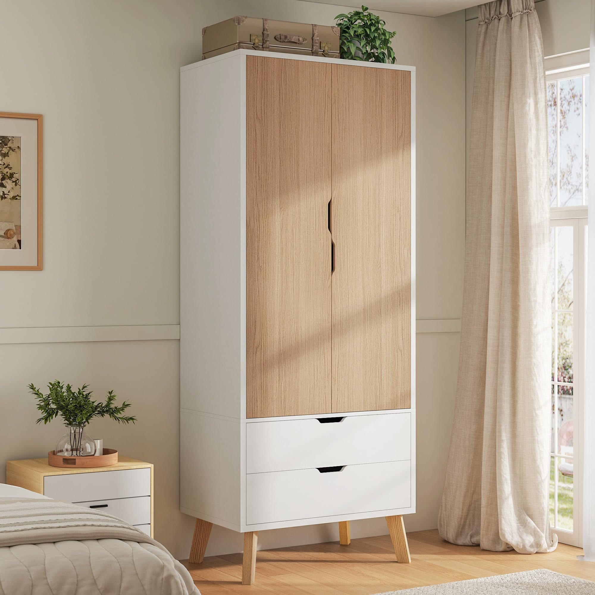 AMERLIFE Kleiderschrank 198x76x50 cm – Weiß & Holzoptik, 2 Schubladen, Kleiderstange (1-St) Platzsparend, Stabil & Sicher – Ideal für kleine Räume mit Kippschutz