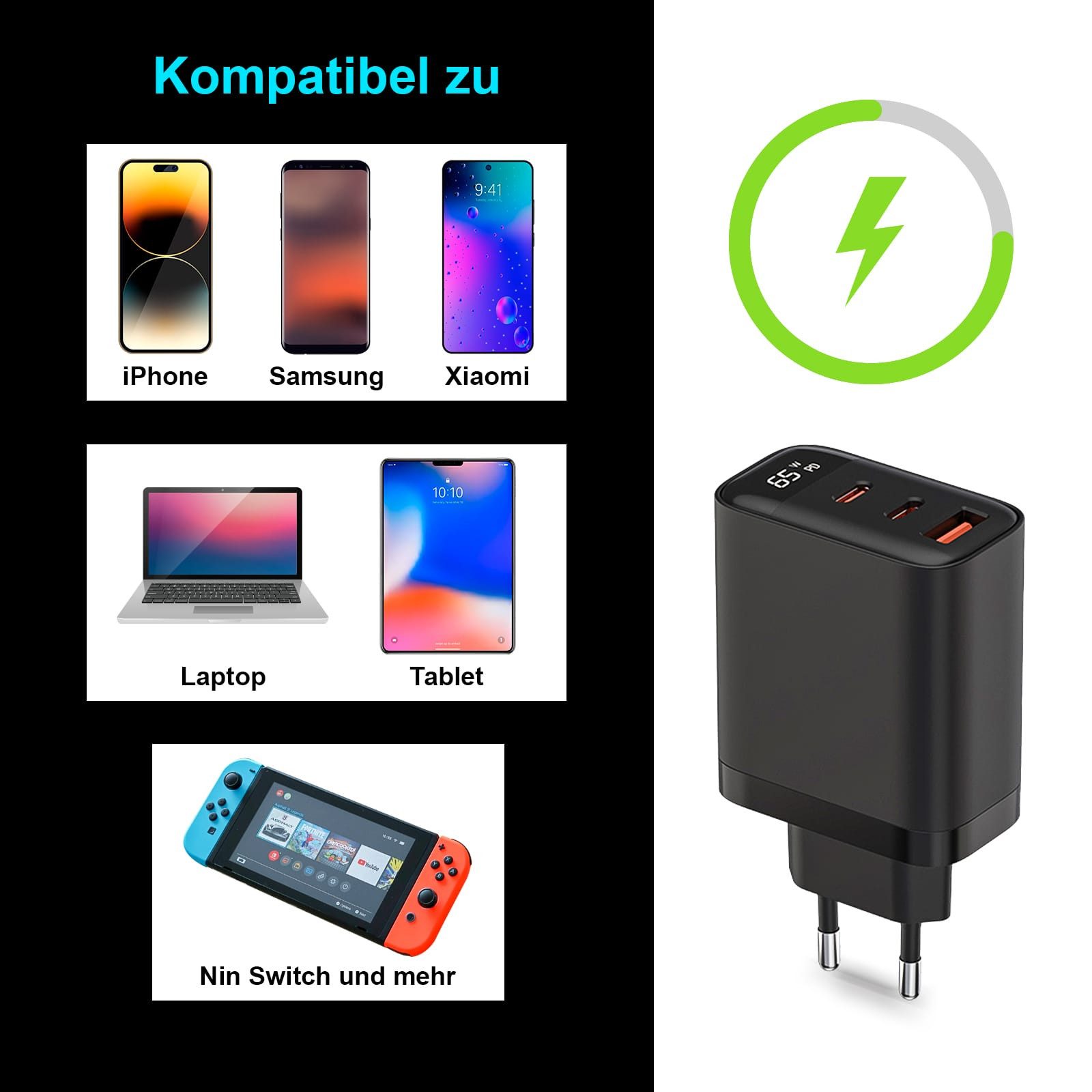 EAXUS 3-Port USB-C Netzteil 65 Watt mit Display - für iPhone, iPad, Handy Universal-Ladegerät (Schnellladegerät auch für Macbook & Laptop, Schwarz) – Bild 3 von 5