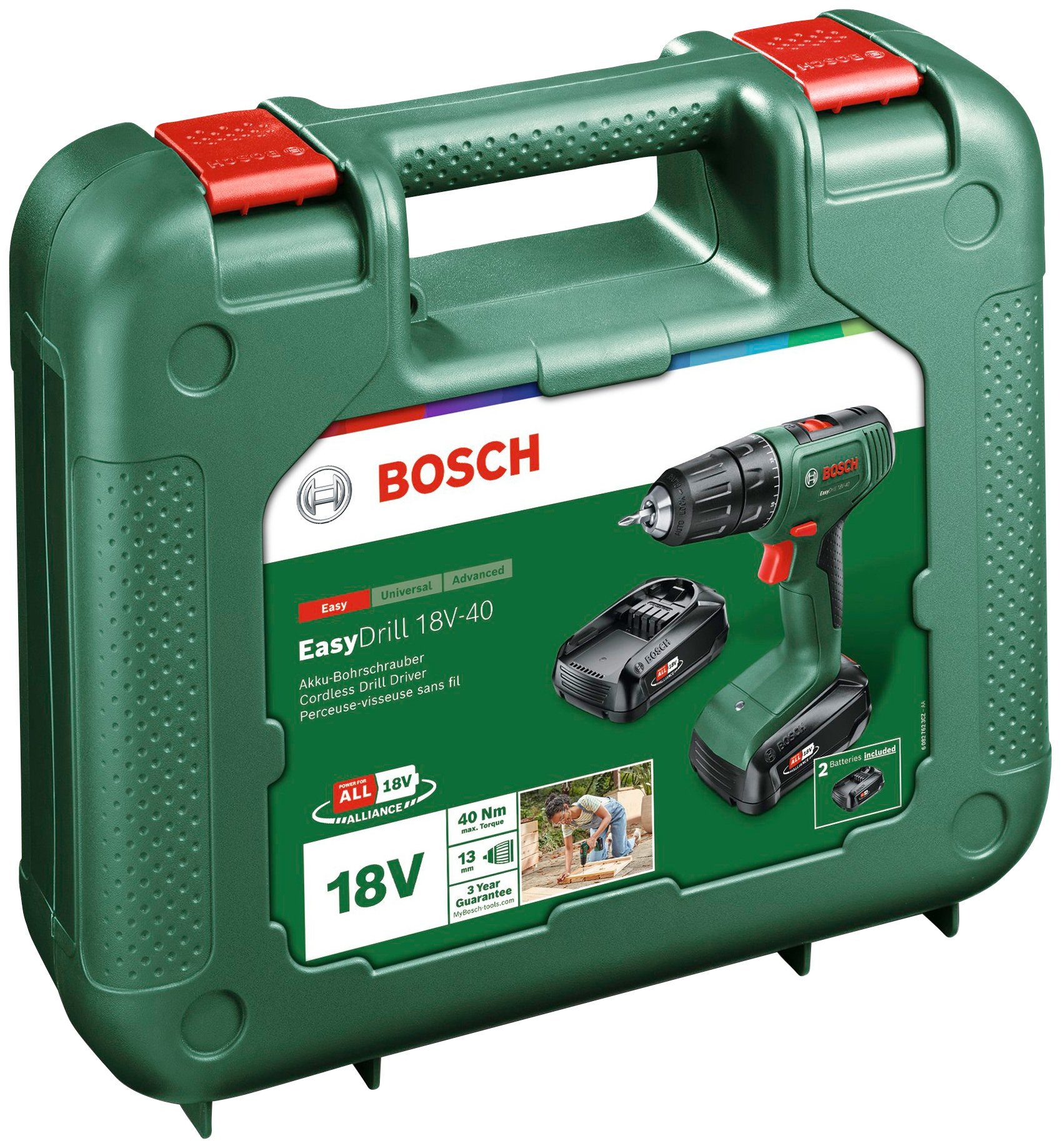 Bosch Home & Garden Akku-Bohrschrauber Easydrill 18V-40, Inkl. Koffer, mit 2 Akkus 18V/2Ah und Ladegerät