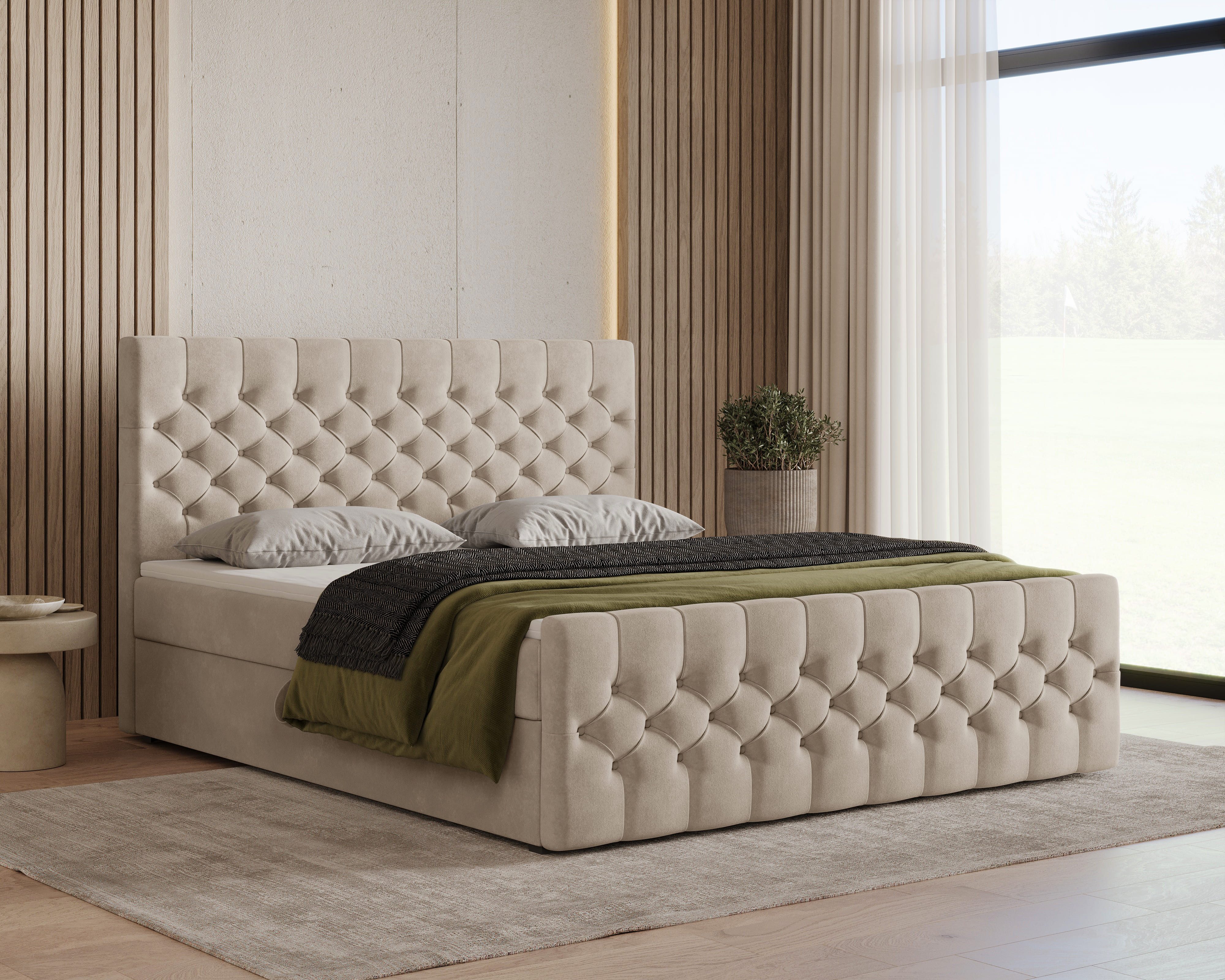 MOEBLO Boxbett Bett 12 (Luxusbett im Chesterfield-Design, 180x200 cm, Velours-Bezug, Hoher Schlafkomfort, modernes Velours-Design mit Steppung Polsterbett Kontinentalbett, dekorativem Kopfteil, aus Samt, inklusive Topper und Bettkasten), (BxHxT):144/164/1