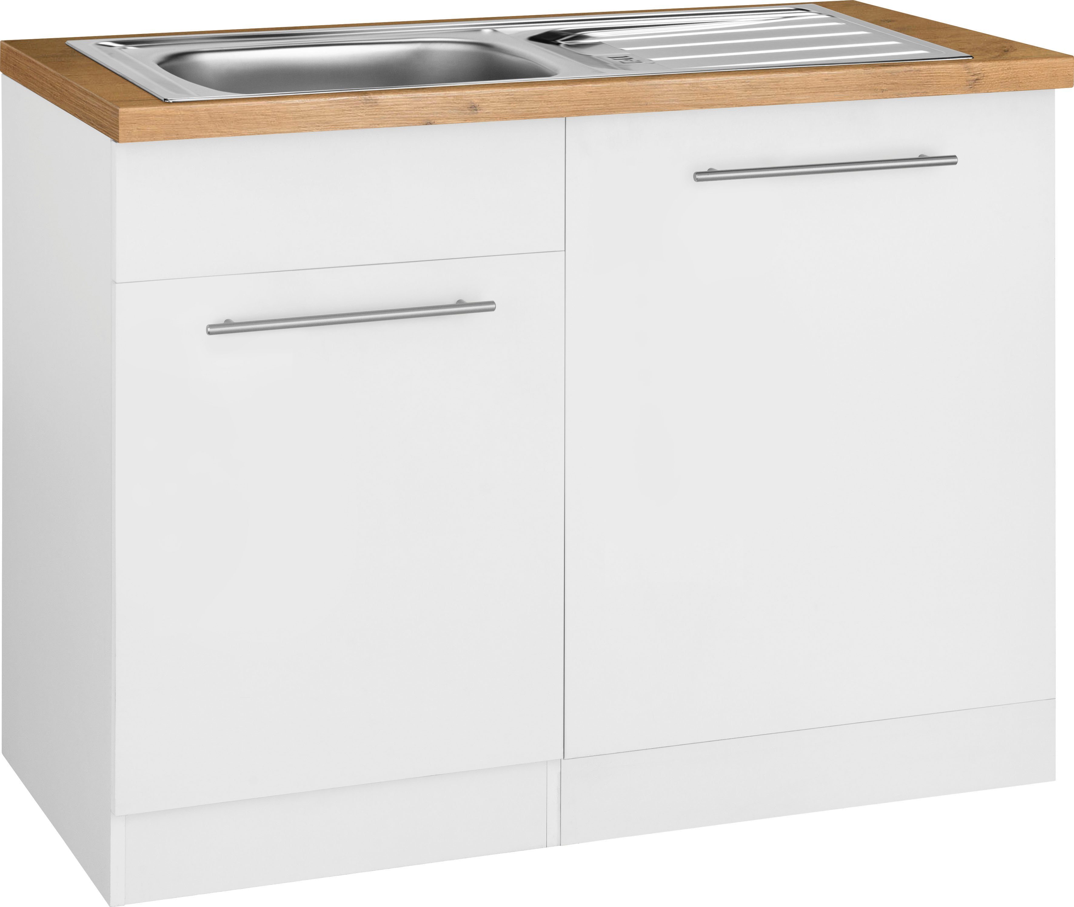 wiho Küchen Spülenschrank Unna 110 cm breit, inkl. Tür/Sockel/Griff für Geschirrspüler weiß/kastelleichefarben | Weiß | Spülenschränke