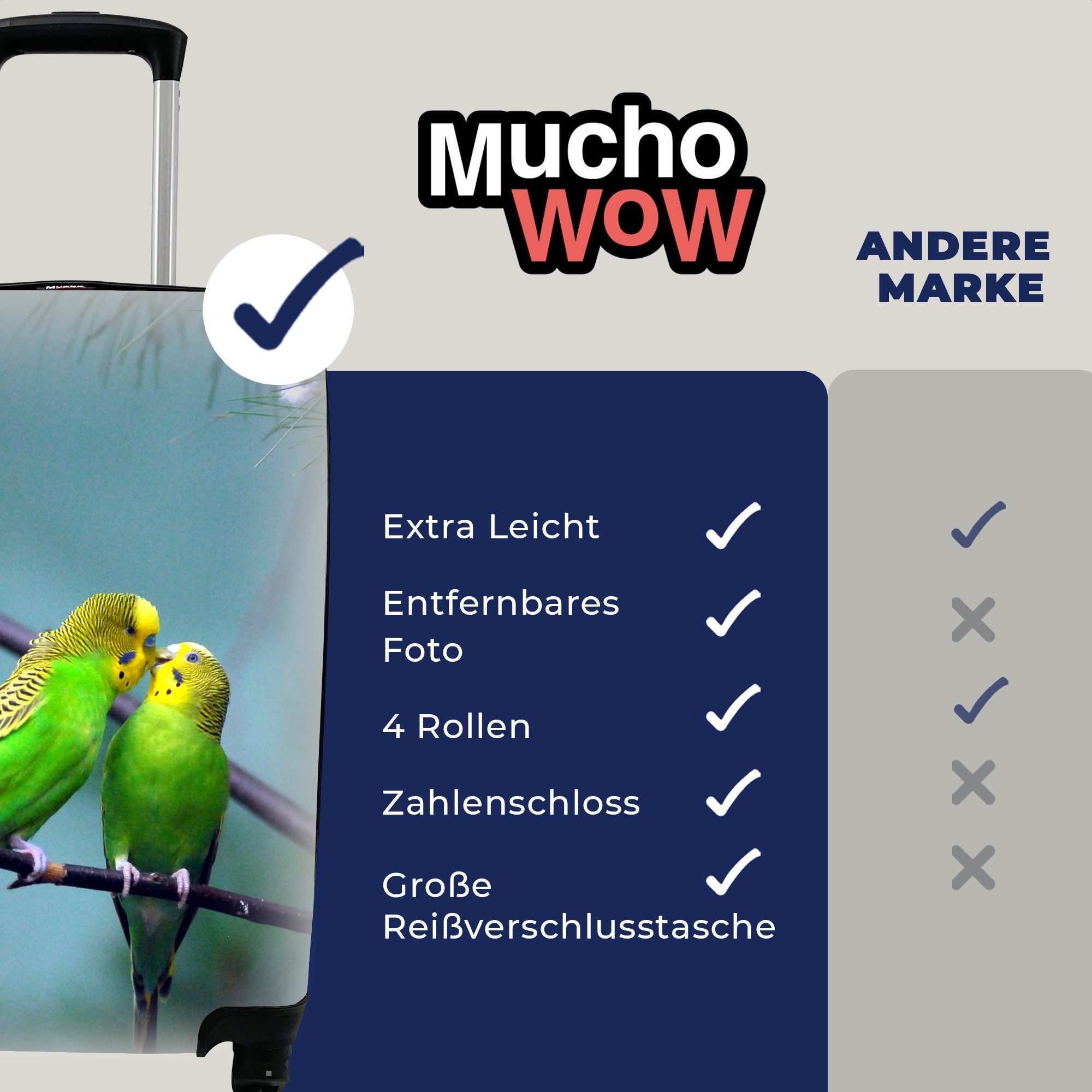 MuchoWow Handgepäckkoffer Zwei leuchtend Sittiche Reisekoffer mit 4 grüne einem Trolley, auf Ast, Reisetasche rollen, Rollen, Handgepäck Ferien, für