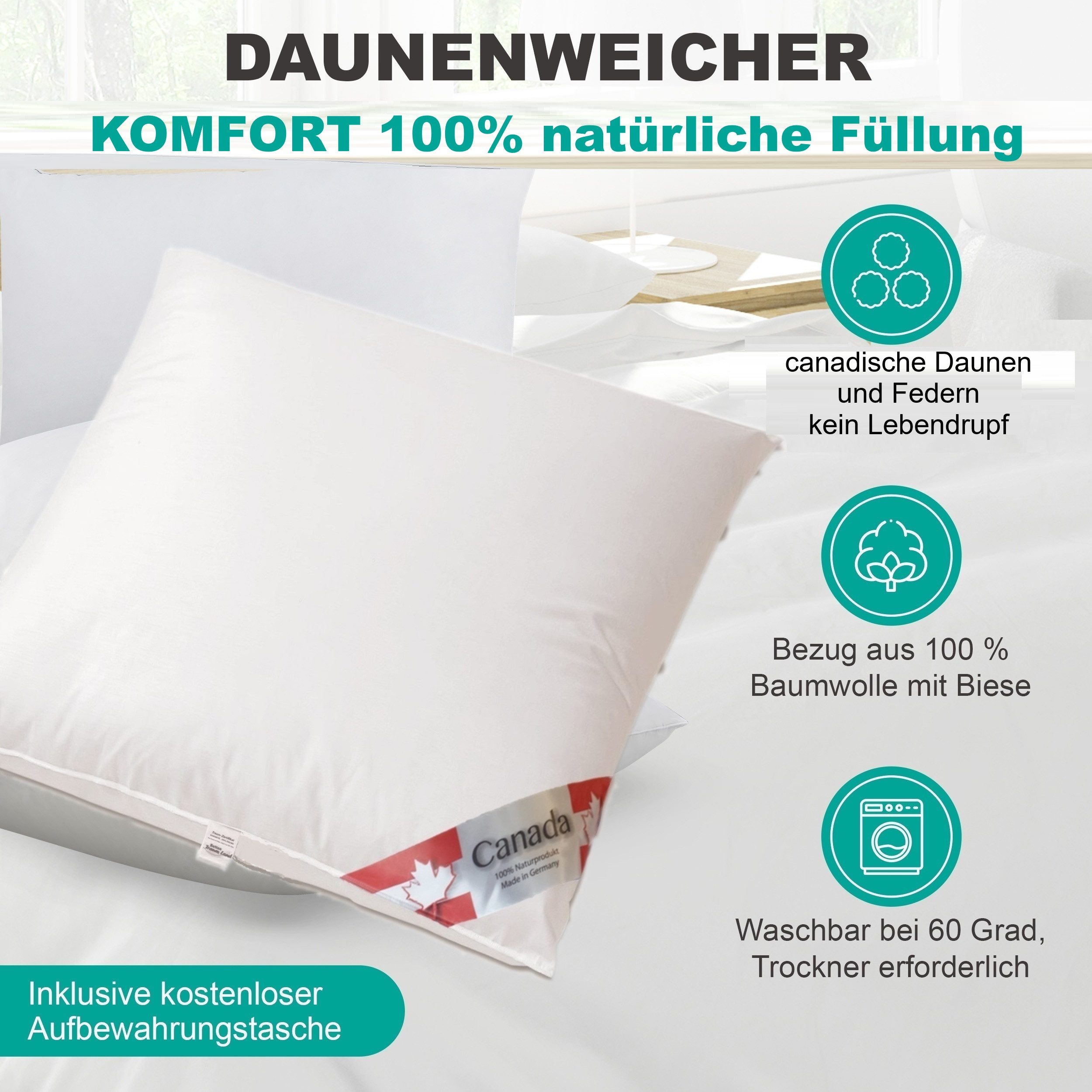 Canada Daunenkissen Daunenkissen Kopfkissen Soft Feeling, Füllung: 50% Daunen 50% Federchen, Seitenposition, Rückenposition, Bauchposition, weiches Liegegefühl, – Bild 2 von 5