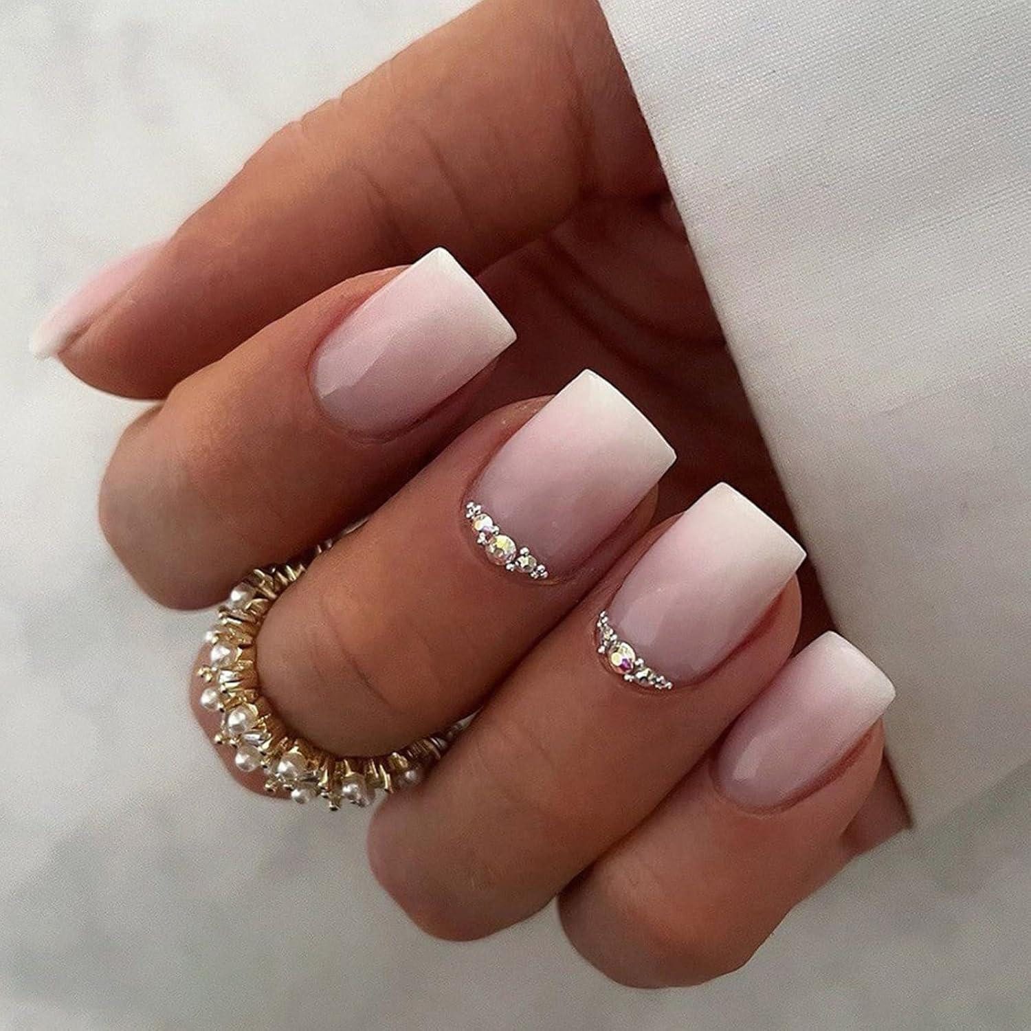Kunstfingernägel 24 Stück Press on Nails Kurz Quadratisch French Rosa Weiß Acryl Nägel