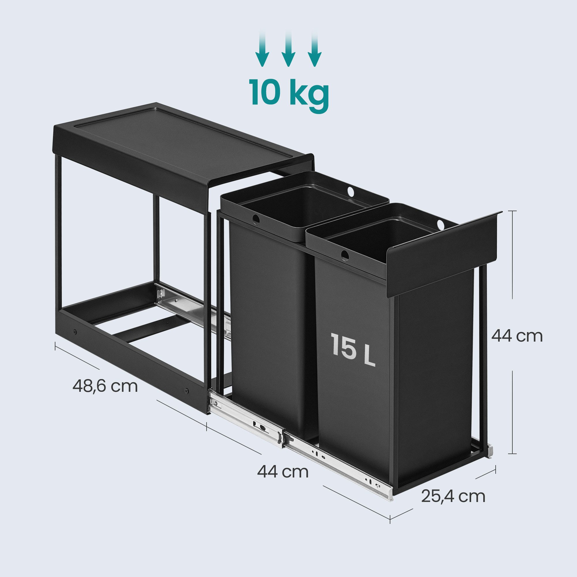 SONGMICS Mülleimer Mülltrennsystem für Unterschrank, 2X15L 2X20L, Mülleimer küche, Abfalleimer 2 Fächer, ausziehbar, Stahlrahmen