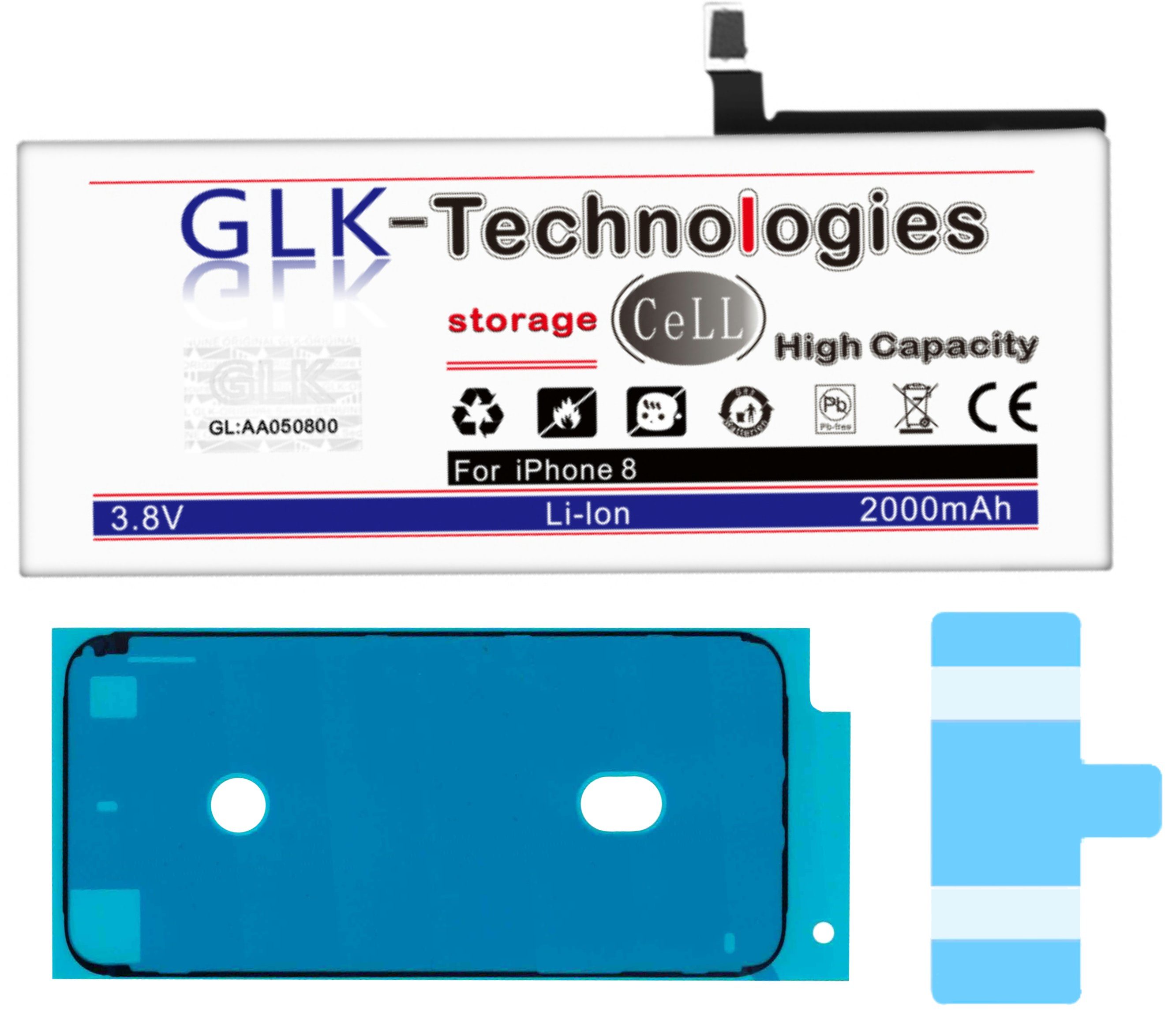 für GLK-Technologies Akku 8 Ersatz iPhone Smartphone-Akku 2000 2X (3,8 Klebebandsätze mAh Verbesserter Apple inkl. V)