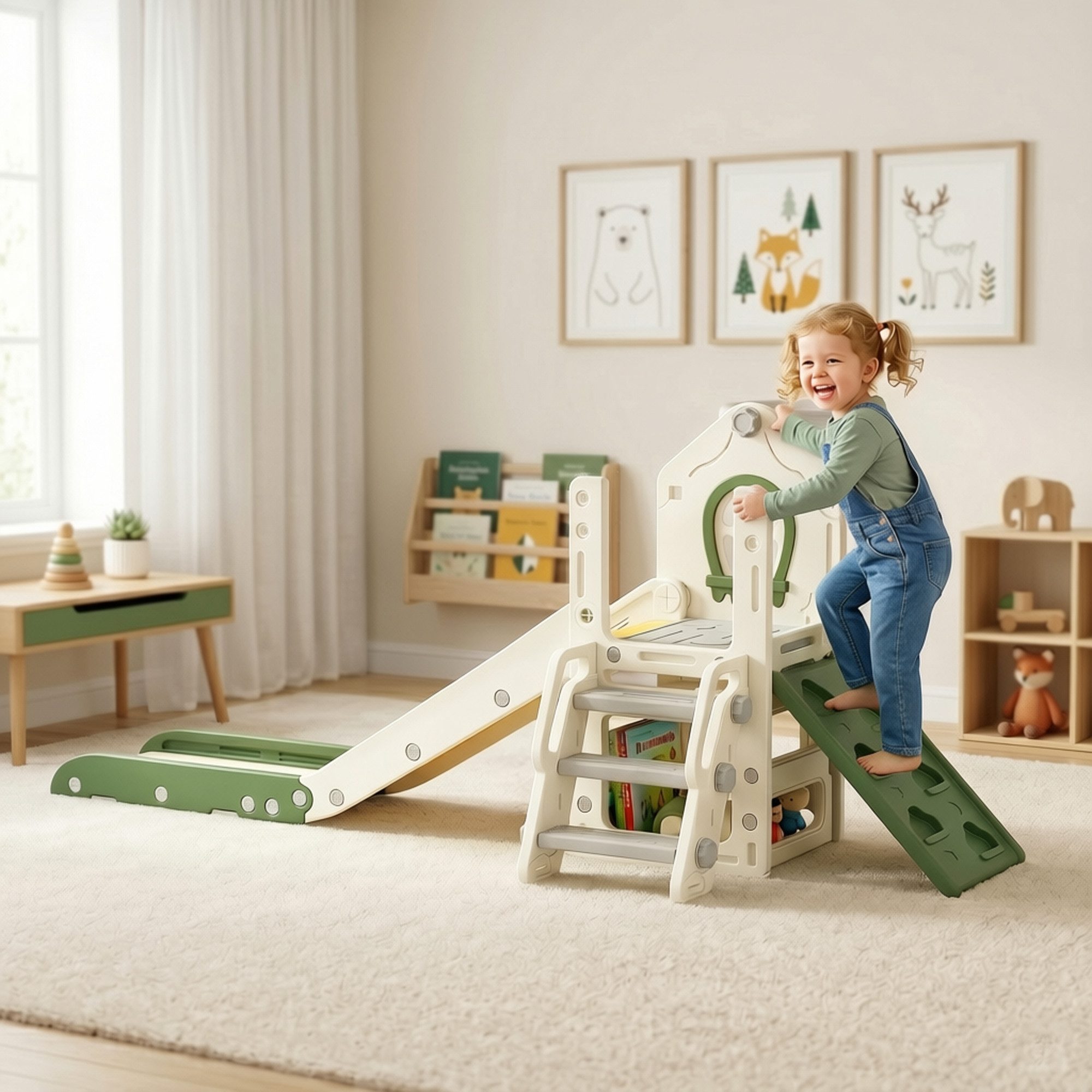 AIYAPLAY Rutsche Indoor-Spielset mit Kletterelement, (Set, 3-tlg., Rutsche mit Basketballkorb und Aufbewahrung), 5-in-1, faltbar, Kletterelement, Basketballkorb