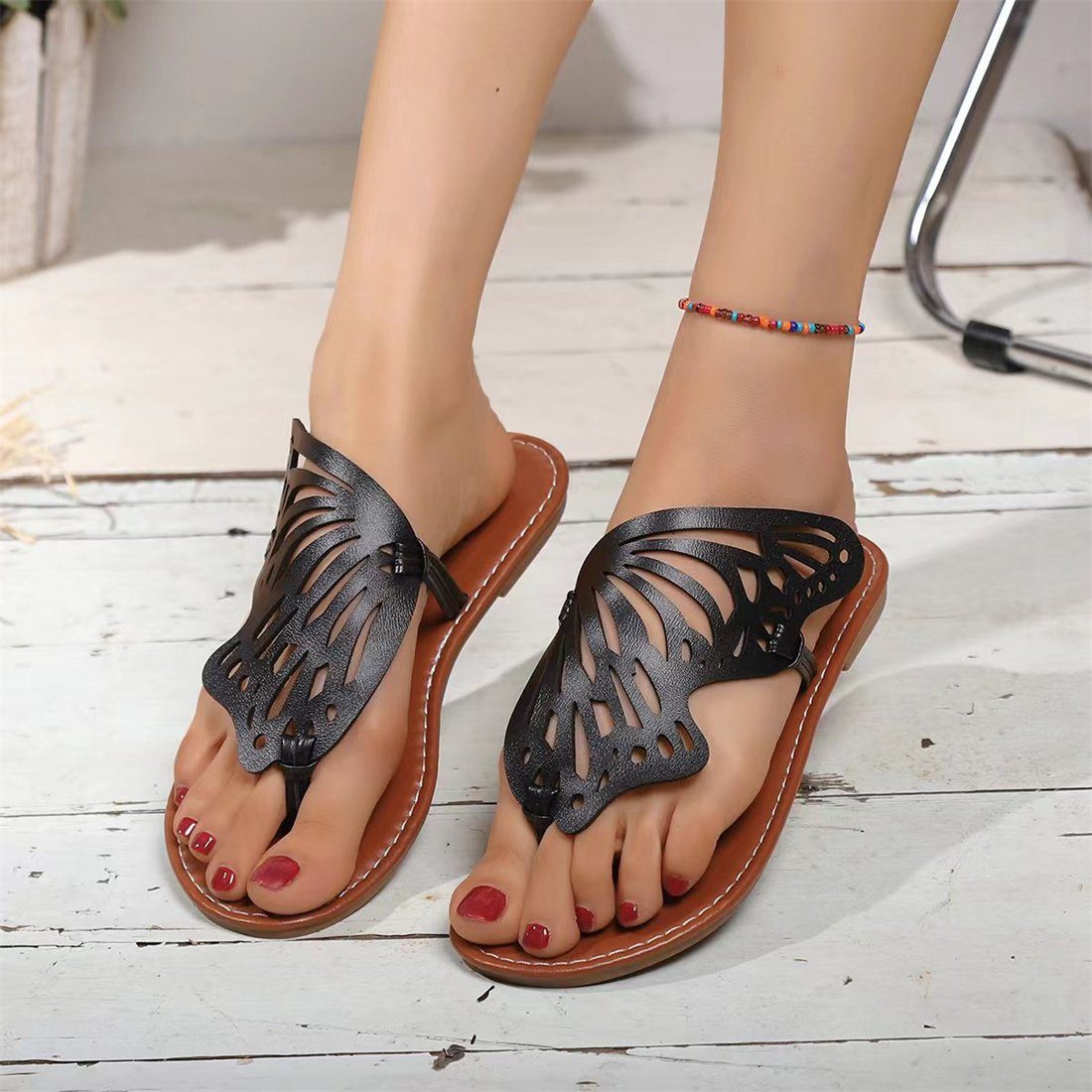 DÖRÖY Flache Damen-Sandalen für den Sommer, modische Strandpantoffeln  Sandale