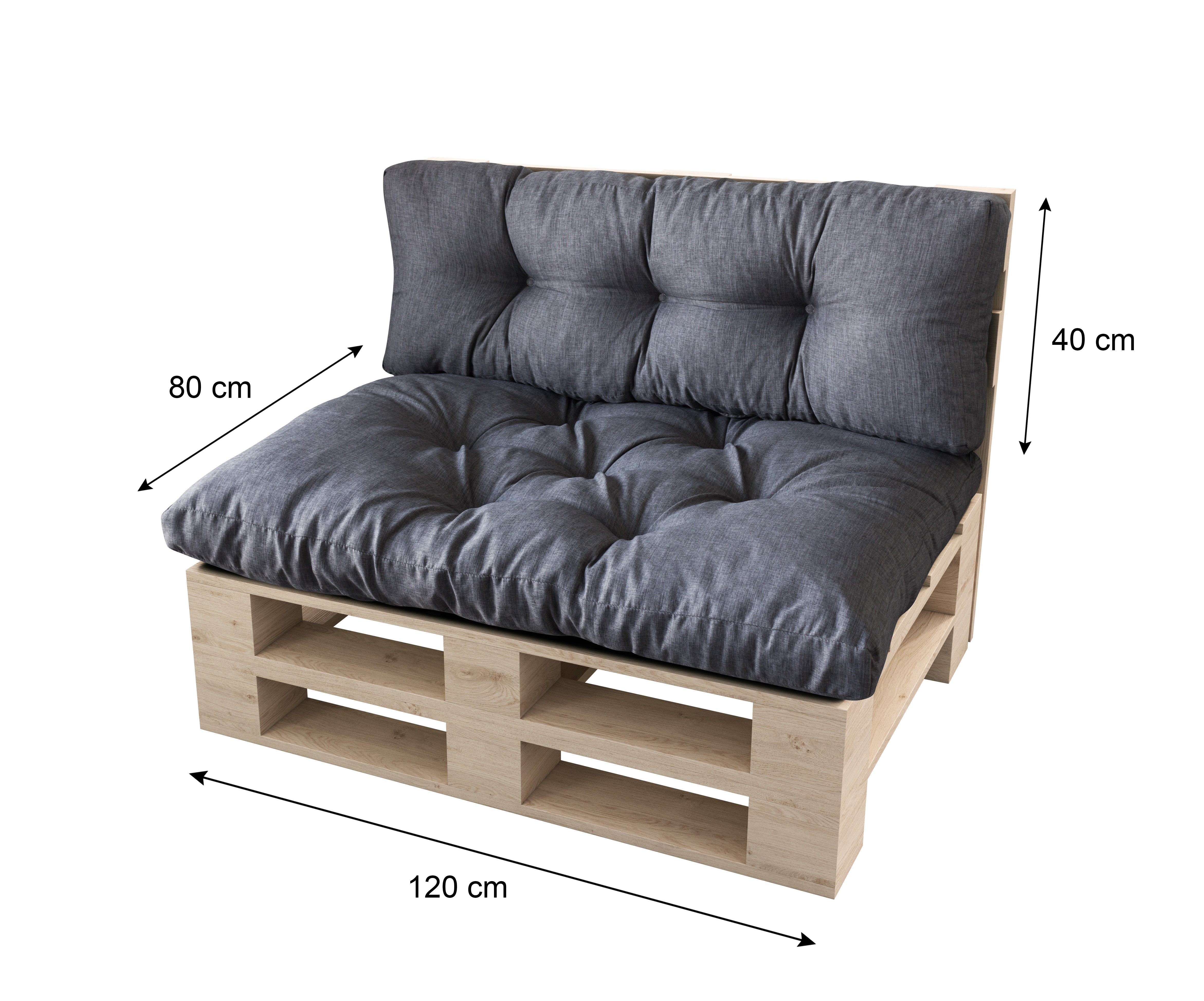sunnypillow Palettenkissen Malmo - Set Sitzkissen 120x80x12 + Rückenkissen 120x40x15, palettenmöbel palettencouch polsterauflage