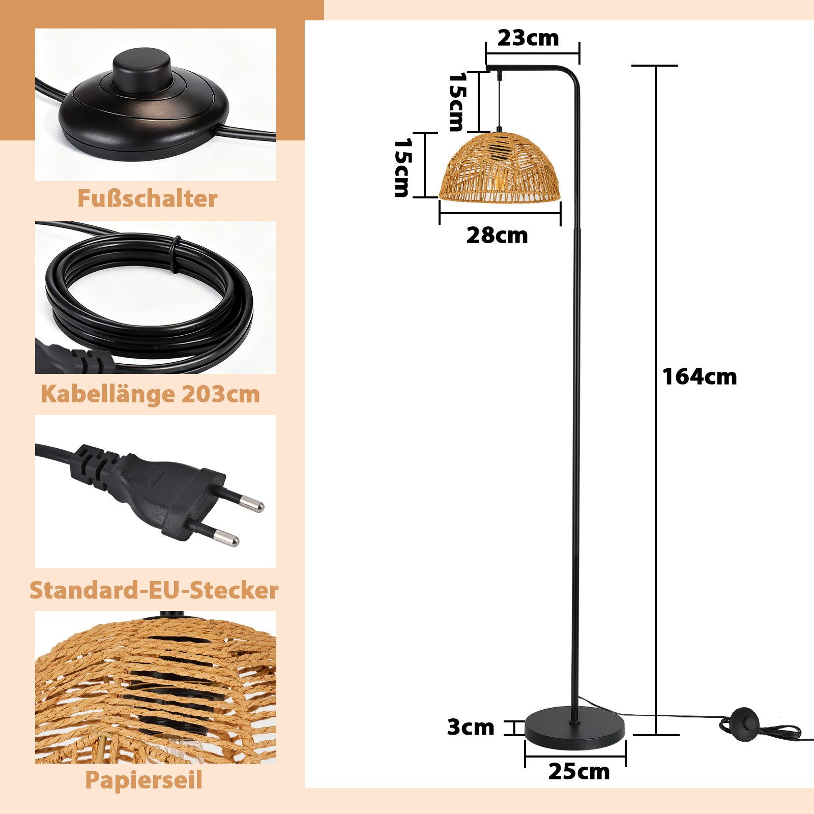 Nettlife Stehlampe schwarz modern 164cm Bodenlampe Boho Standlampe Fußschalter E27, ohne Leuchtmittel, für Esszimmer, Terrasse