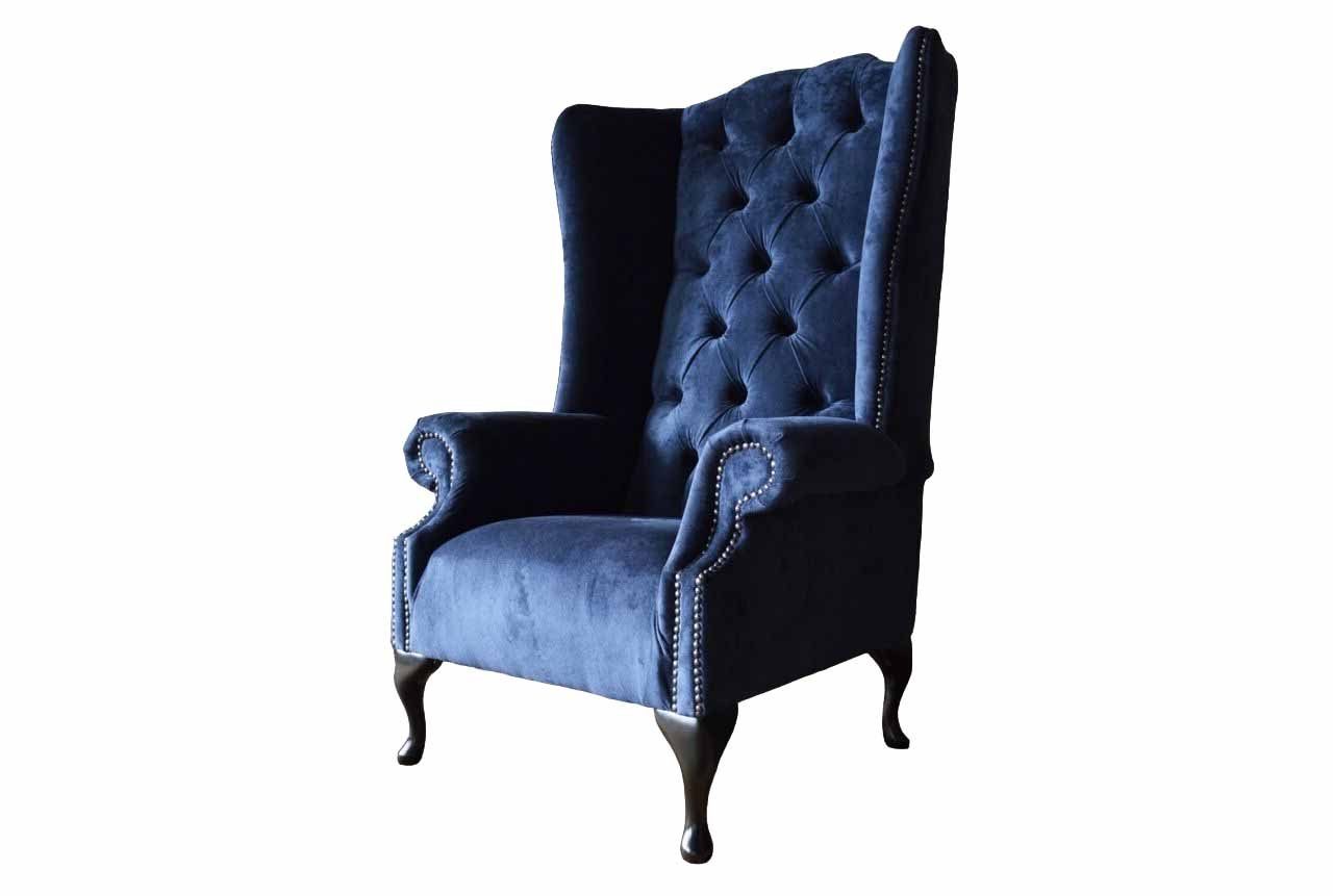 Ohrensessel RÜCKENLEHNE STUHL SAMT HOHER CHESTERFIELD JVmoebel BLAUER HANDGEFERTIGT MIT