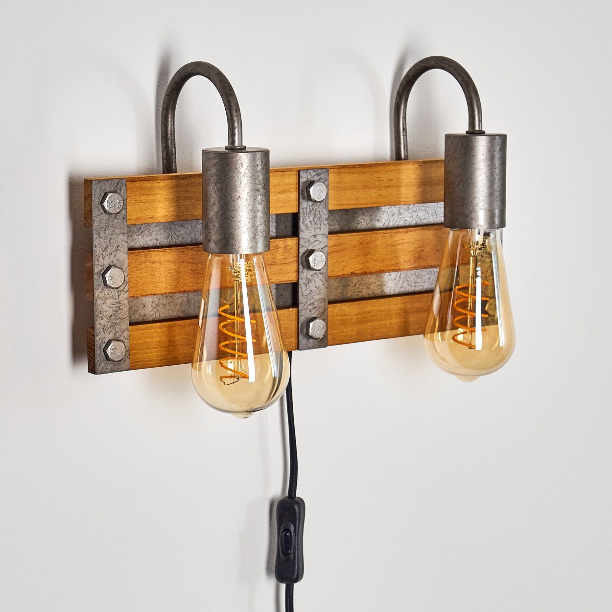 am aus Wandleuchte Leuchtmittel, An-/Ausschalter Design Kabel in »Roiano« ohne im m. 2xE27, Wandlampe Metall/Holz Silber/Braun, Retro/Vintage hofstein Wandspot