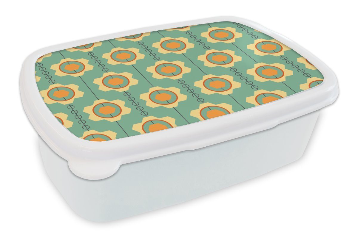 MuchoWow Lunchbox Sonnenblume - Muster - Zahnräder - Retro, Kunststoff, (2-tlg), Brotbox für Kinder und Erwachsene, Brotdose, für Jungs und Mädchen weiß