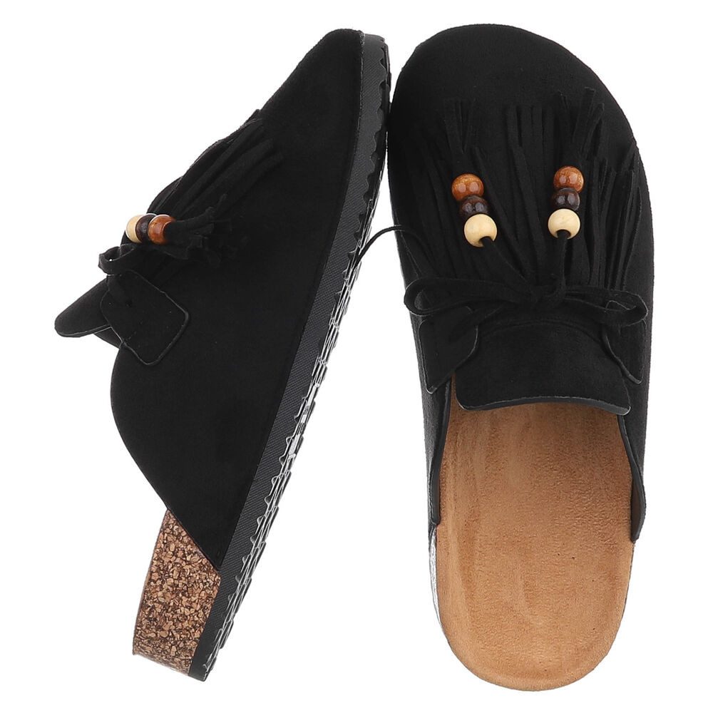 Ital-Design Damen Clog mit Fransen und Perlen, Schlupfschuh Pantolette (91742380) Flach Pantoletten in Schwarz