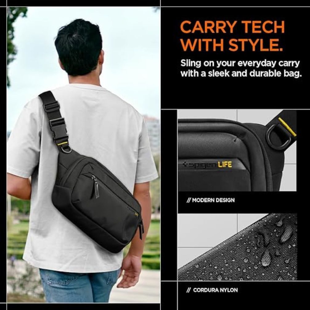 Spigen Umhängetasche Schultertasche & Brusttasche für Herren & Damen Crossbody Bag Schwarz, für Herren und Damen, Cordura Nylon, wetterfest, AirTag-Fach