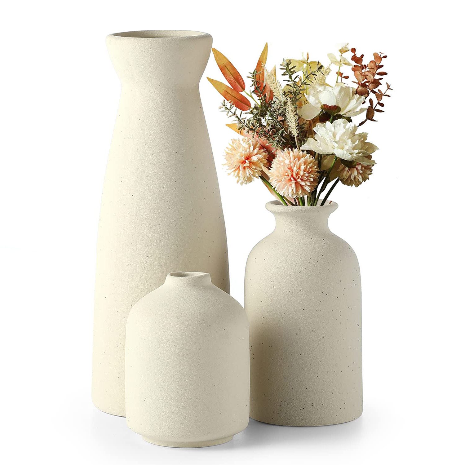 BlingBin Dekovase 3er-Set Keramik Вазы, Kleine Blumenvasen für Schnitt-/ Trockenblumen (1er Set, 1 St., Pampas-Vase: 21x8,3 cm;Klein Vase: 12,4x 6,8cm;Knospen Vase: 6,6x6,6cm), Dekorative für Pampasgras & Getrocknete Blumen, Für Regal,Tisch