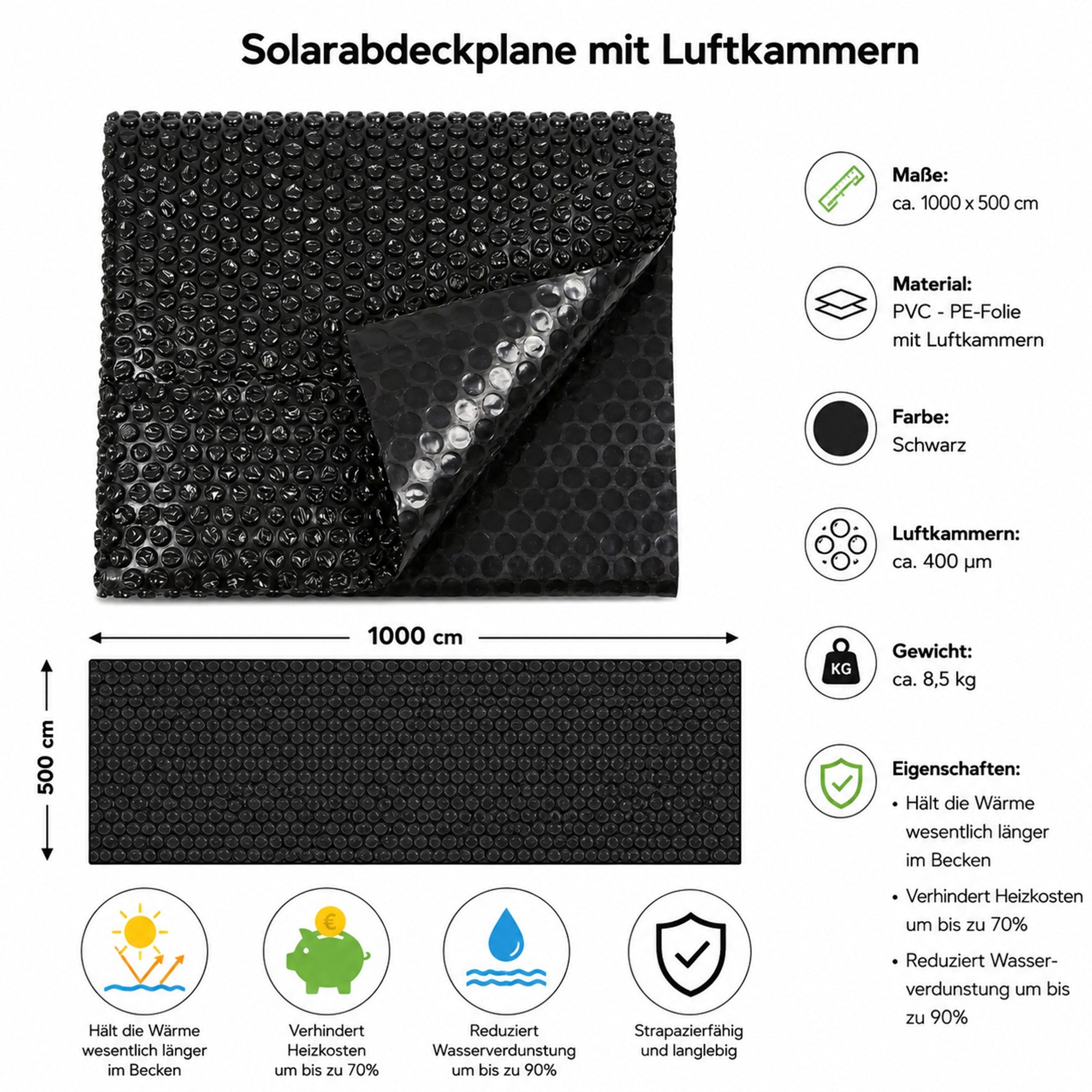 Mucola Pool-Abdeckplane Solarfolie Schwarz Wärmeplane Poolunterlage Bodenschutzplane (Stück, Pool-Abdeckplane), Verhindert Heizkosten