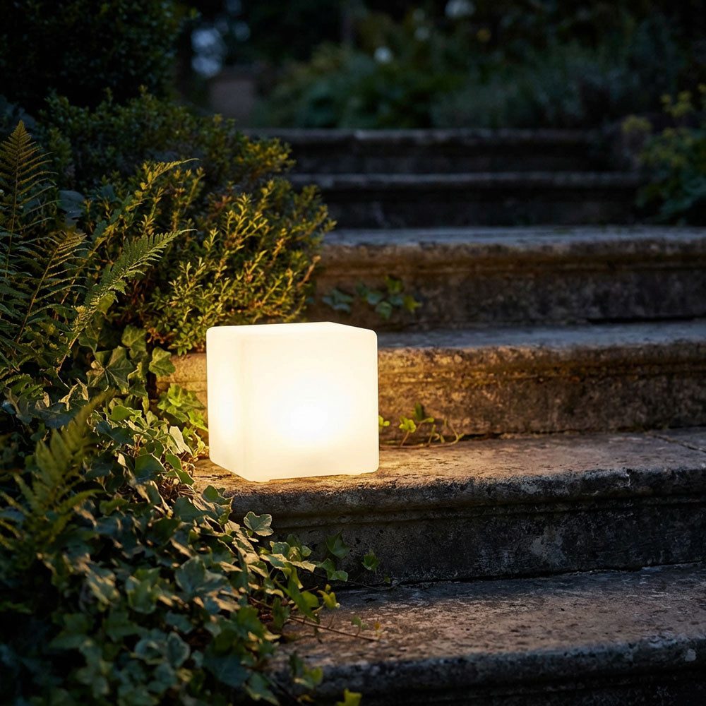 Expo Börse LED Solarleuchte, LED-Leuchtmittel fest verbaut, Warmweiß, LED Solarlampe Außenleuchte Solarleuchte Gartendeko Würfel weiß