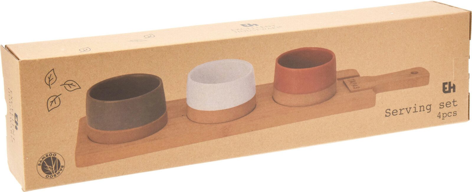 Koopman Dipschale Serviertablett Tapas Schalen 48x12 cm Griff Holz 3 Schalen, Bambus, (Stück, 5-tlg), 3 Schalen, Tapas, 1 Tablett, Serviertablett, Bambus