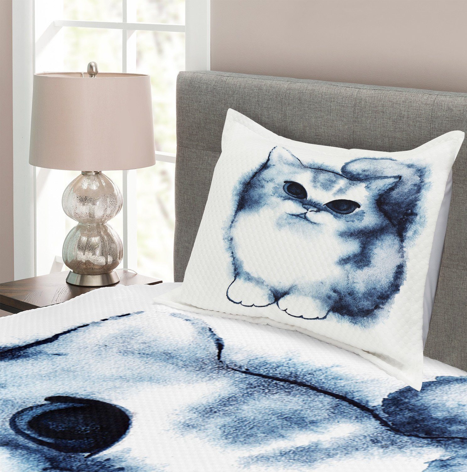 Waschbar, Entwurf Kissenbezügen Katze Tagesdecke blau Set mit Kinder Abakuhaus, Kitty Navy