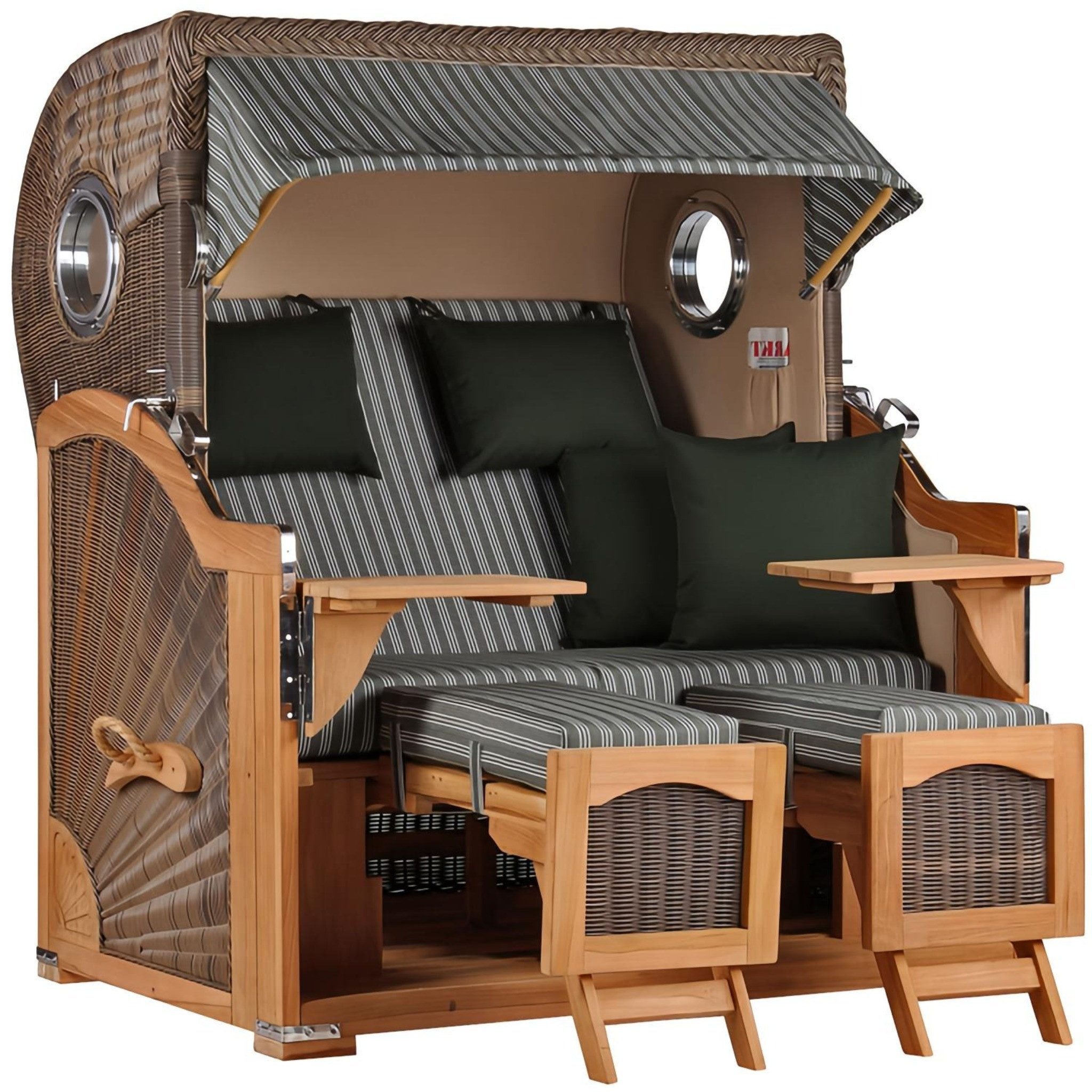 MR.DEKO Strandkorb 2,5 Sitzer Düne Grande, wetterfest mit Bullauge Teak PE Grey XL, BxTxH: 142x95x170 cm, Volllieger, Düne, (Fertig montierter Strandkorb für Garten, Terrasse & Balkon), Wetterfester Volllieger mit Edelstahlbeschlägen & waschbaren Polstern