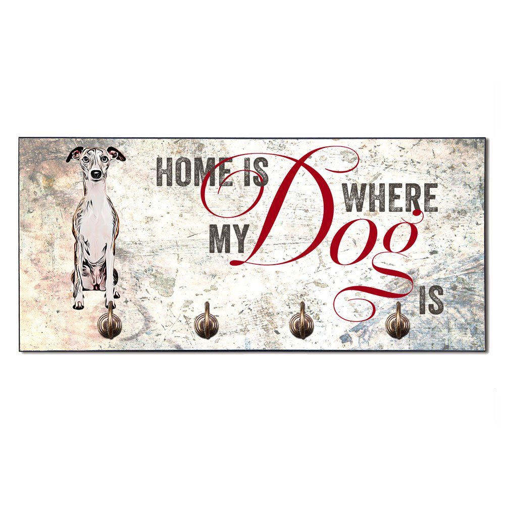 Cadouri Wandgarderobe WHIPPET Hundegarderobe - Wandboard für Hundezubehör (Garderobe mit 4 Haken), MDF, mit abgeschrägten Ecken, handgefertigt, für Hundebesitzer