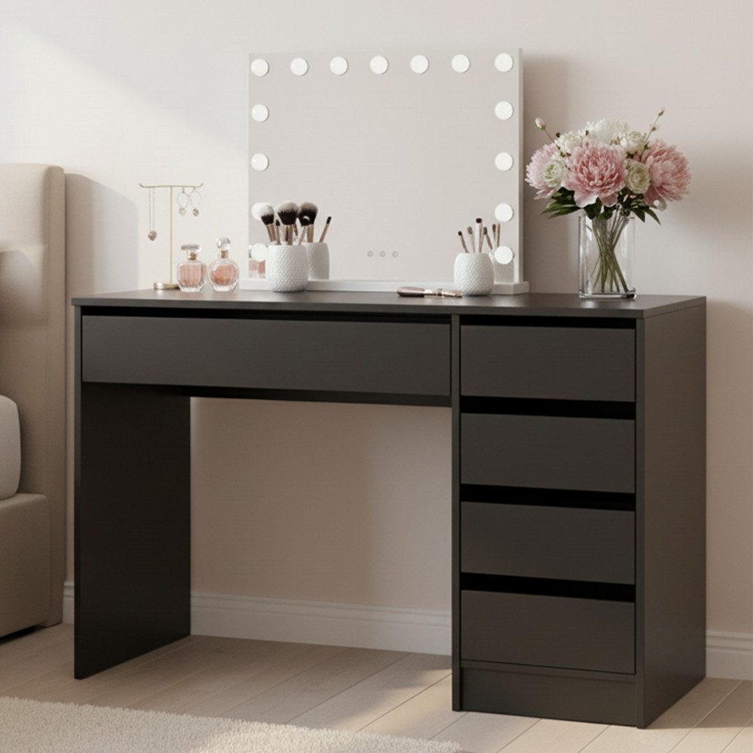 Bellamio Schminktisch Nore mit Spiegel, mit und ohne LED-Beleuchtung (Schwarz, 5 Schubladen, 110x70x53 cm), Kosmetiktisch mit 3 Farbstufen & Touch-Sensor, USB-Anschluss