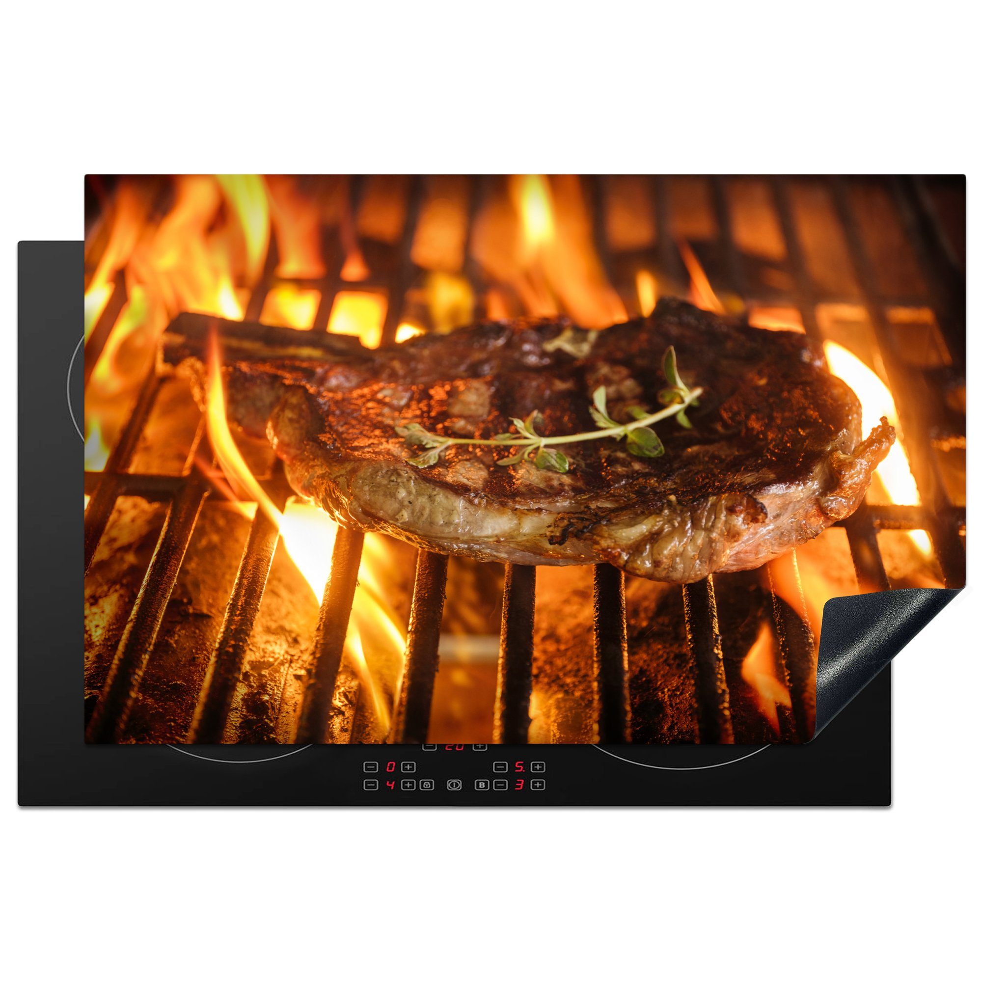 MuchoWow Herdblende-/Abdeckplatte Steak auf dem Grill, Vinyl, (1 tlg), 81x52 cm, Induktionskochfeld Schutz für die küche, Ceranfeldabdeckung