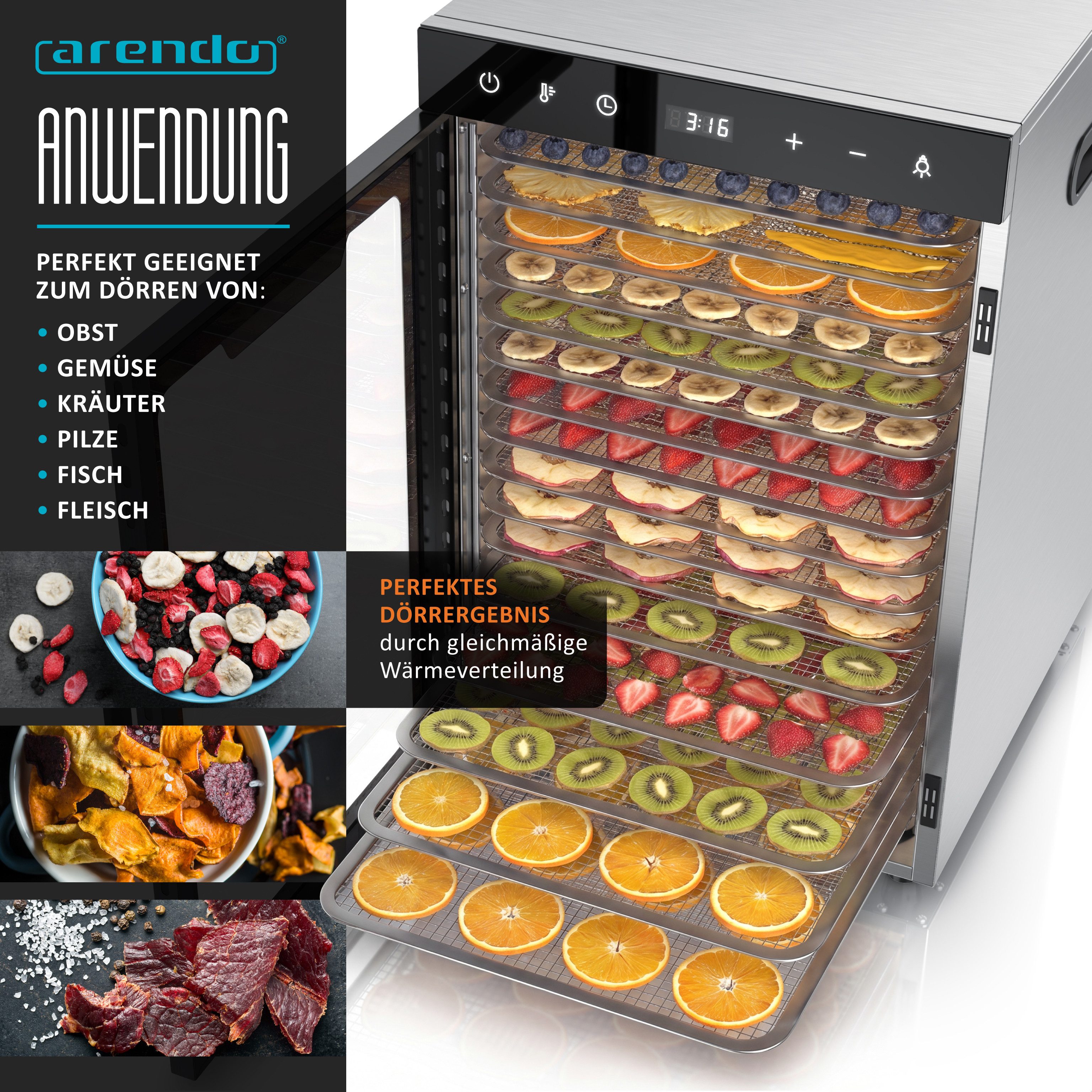 Arendo Dörrautomat Edelstahl, 16 Fächer, Temperaturregler 30°-90°C, Dörrgerät, Dehydrator 1000 W, 16 Etagen, Obst, Fisch, Fleisch Dörrapparat, Obsttrockner, Timer 0,5-24 Stunden