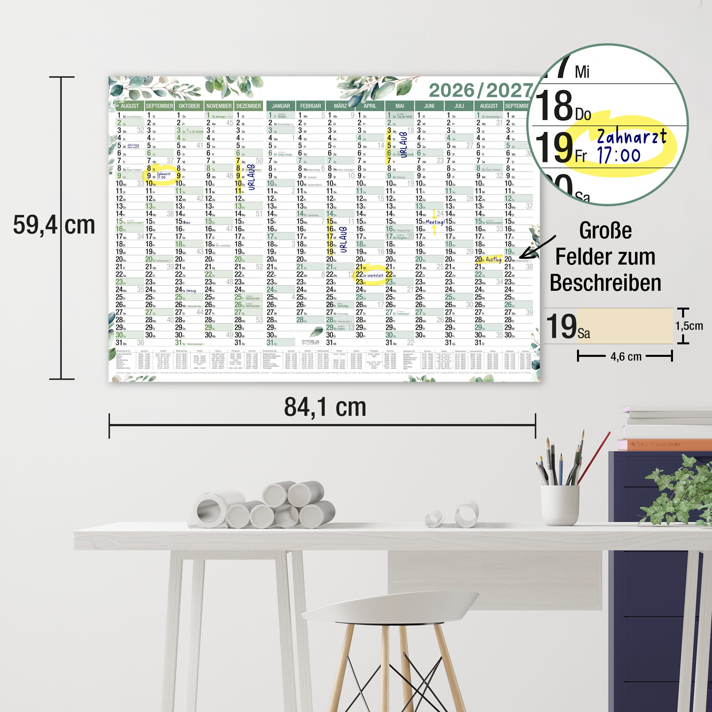 TOBJA Wandkalender Schuljahreskalender A1 2026/2027 "Eukalyptus" 14 Monate Jahresplaner, Wandkalender, Jahresplaner Ferien & Feiertage DE/AT – Bild 3 von 5