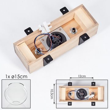 hofstein Deckenleuchte Deckenlampe aus Metall/Holz/Glas in Schwarz/Natur/Klar, ohne Leuchtmittel, Holzbalken und Glasschrim Ø15cm, 1x E27, ohne Leuchtmittel