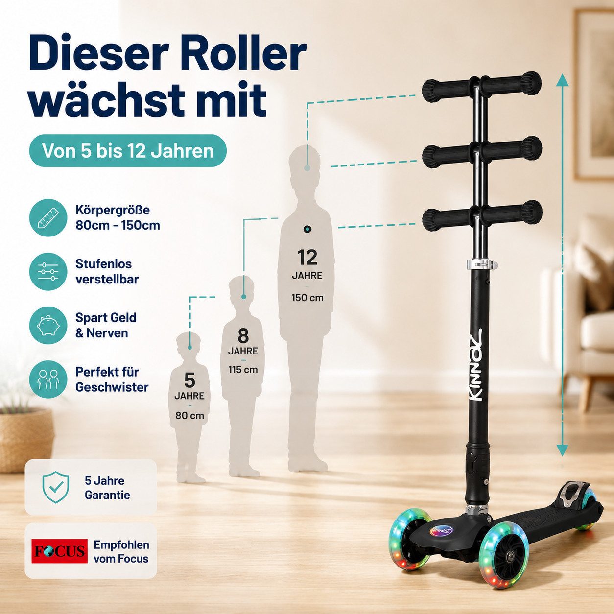 KINNAZ Dreiradscooter ab 5 Jahre, LED Räder, Höhe flexibel, faltbar, Roller Scooter Garantie, (Kinderroller, Kinnaz Two), faltbar, höhenverstellbar, LED Räder, Ersatzteilservice, aus Hamburg