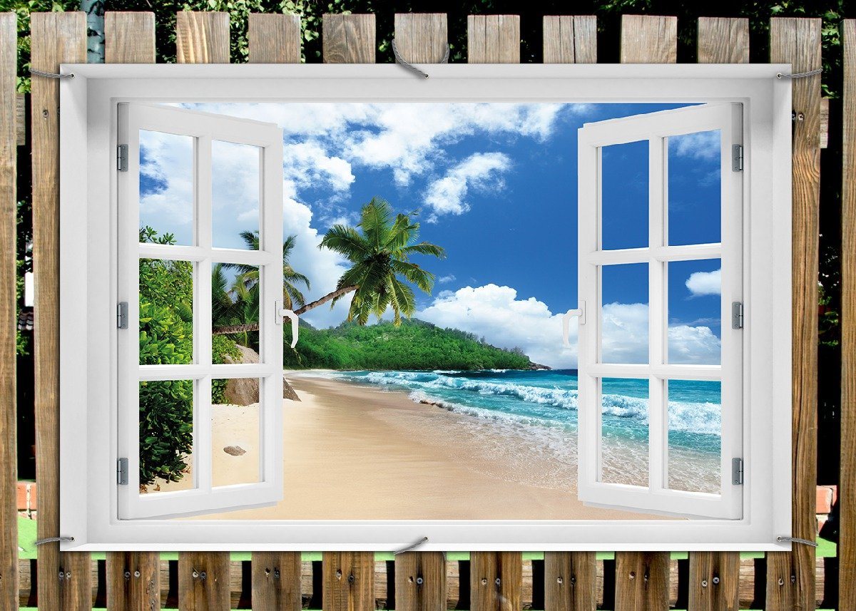 Thumbnail - Wallario Sichtschutzzaunmatten Urlaub auf den Seychellen unter Palmen am Sandstrand, mit Fenster-Illusion