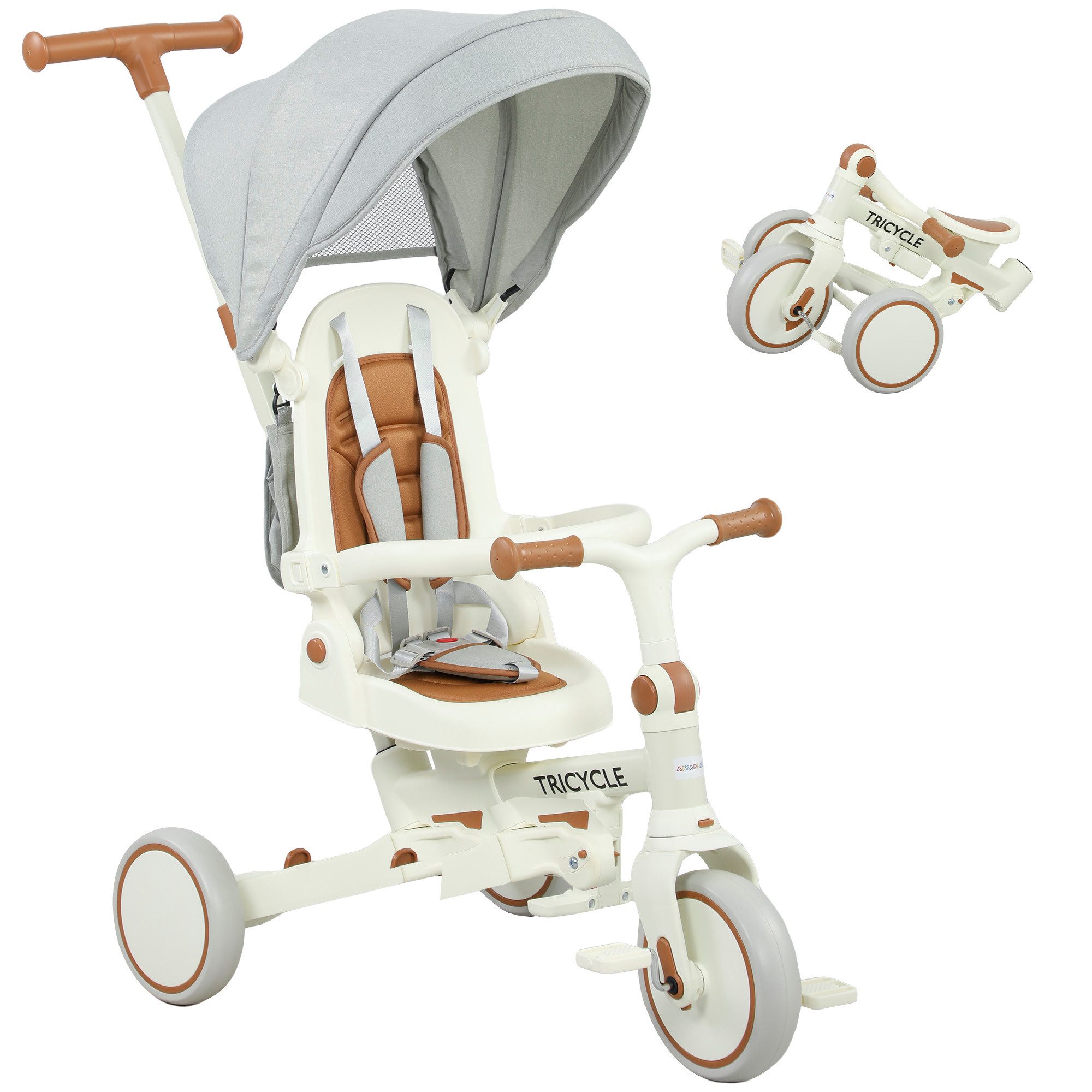 AIYAPLAY Dreirad 5-in-1 mit Schubstange Faltbar Kinderdreirad mit reversiblem Sitz, für 1-3 Jahre Cremeweiß