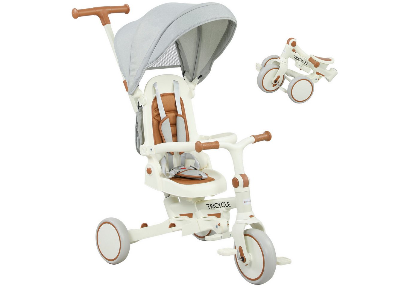 AIYAPLAY Dreirad 5-in-1 mit Schubstange Faltbar Kinderdreirad mit reversiblem Sitz, für 1-3 Jahre Cremeweiß