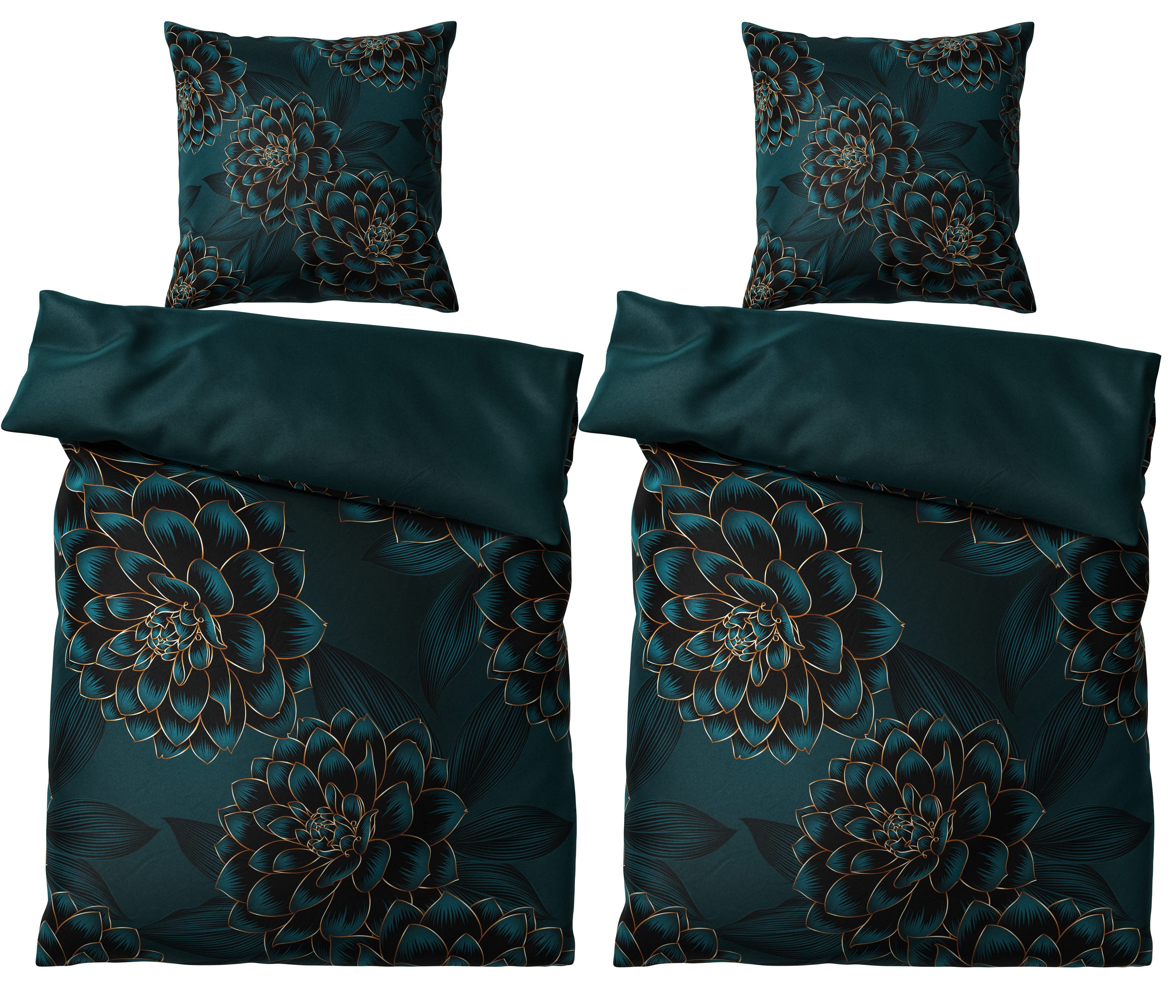 Bettwäsche Dahlien 135x200 cm, Bettbezug und Kissenbezug, Sanilo, Baumwolle, 4 teilig, mit Reißverschluss