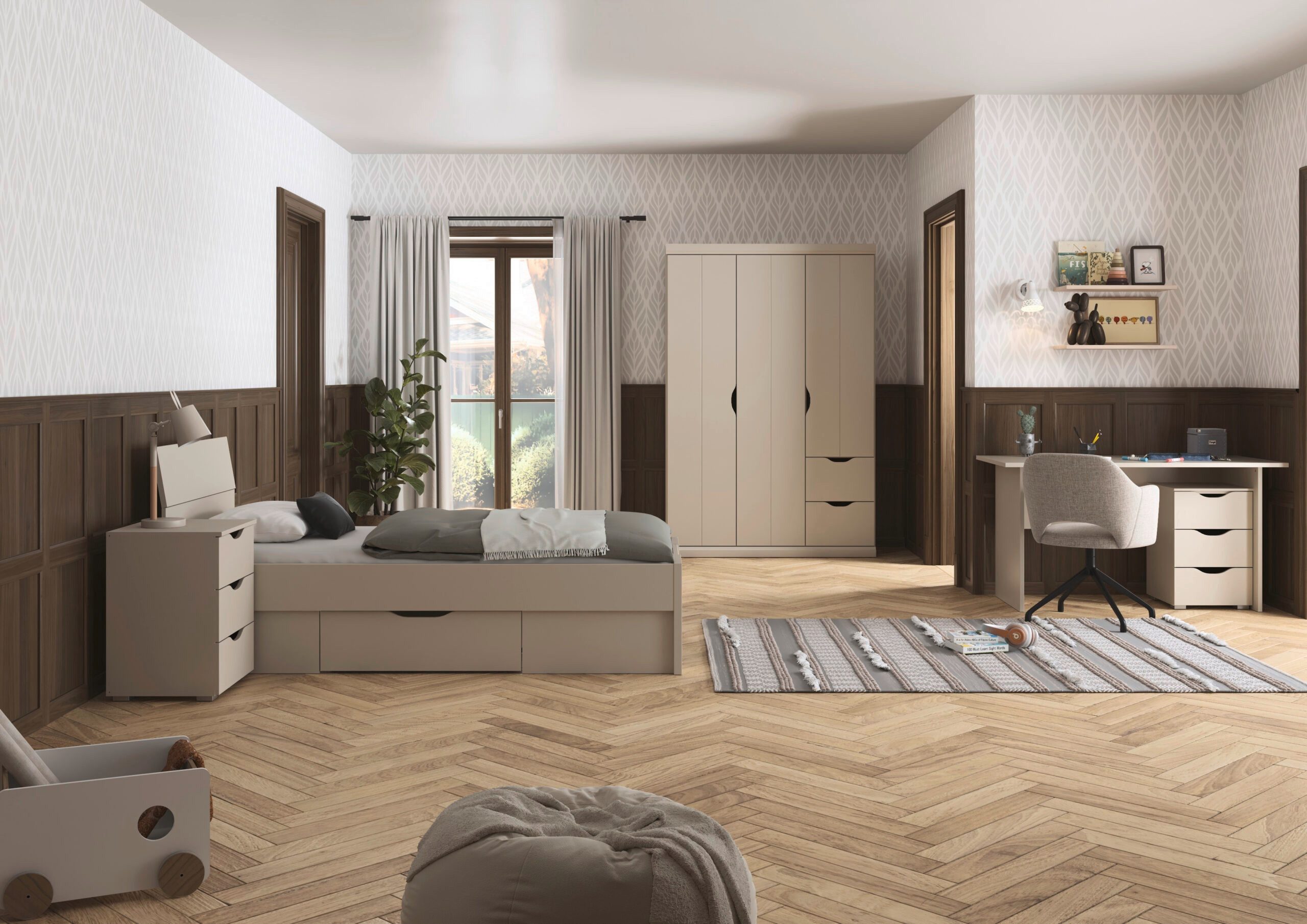 möbel-direkt.de Jugendzimmer-Set Frieda in Beige mit 3 türigem Kleiderschrank, (Komplett-Set, 5-tlg., in verschiedenen Ausführungen wählbar), Made in Germany