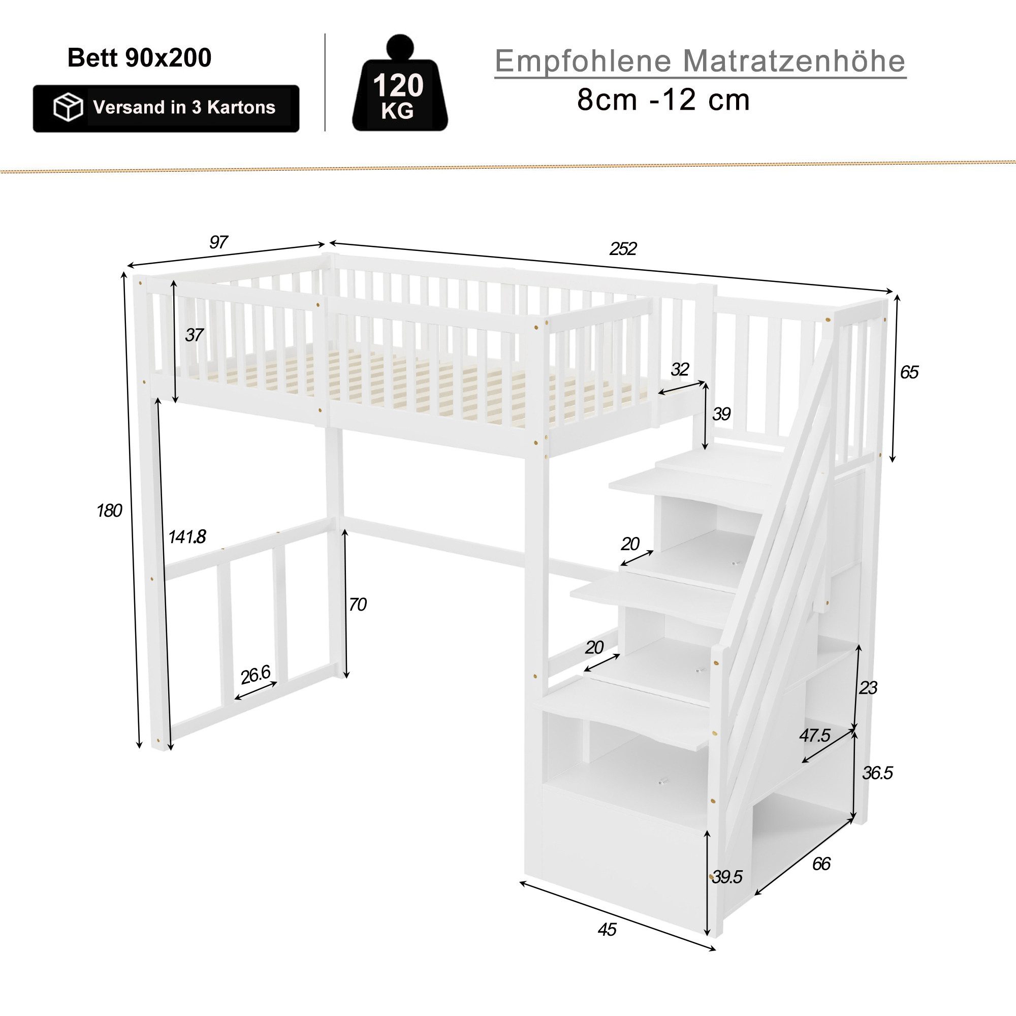 Merax Hochbett (viel Platz unter dem Bett, 1-St., Etagenbett Jugendbett Einzelbett, stabil & platzsparend) Kiefer Kinderbett 90x200cm mit Stauraumtreppe & Sicherheitsgeländer
